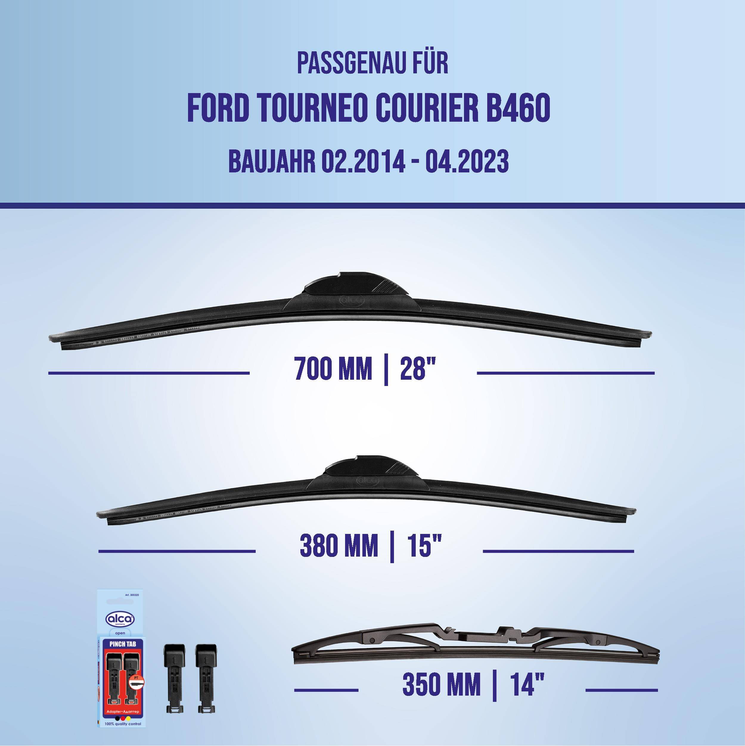 Angebot für Ford Tourneo Courier B460 Wischblattsatz, Modelljahre 02.2014-04.2023, mit Wischblattgrößen von 700 mm, 380 mm und 350 mm sowie Adapter-Set.