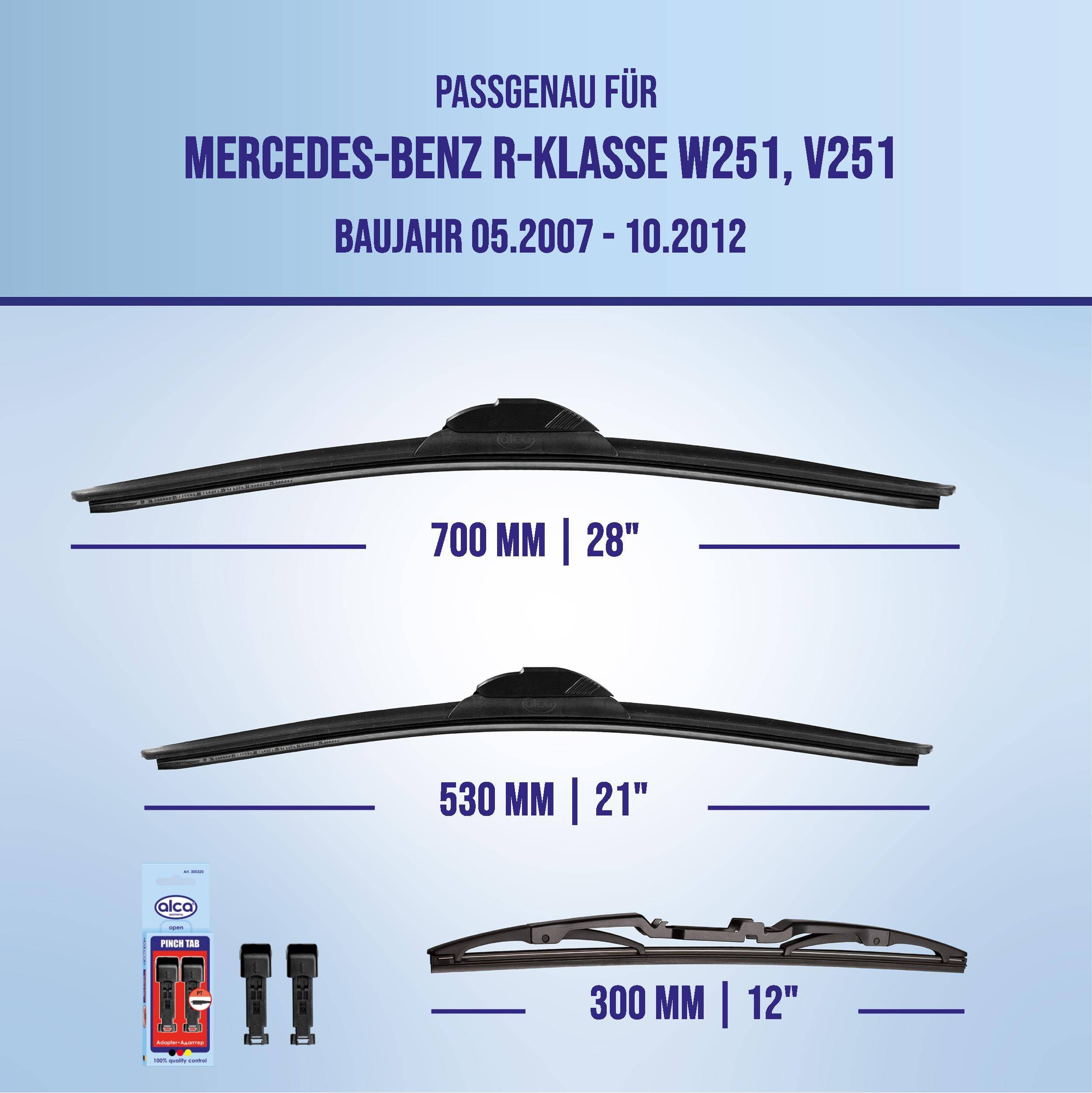 Infografik, die Scheibenwischerblatt-Größen für Mercedes-Benz R-Klasse W251/V251 (2007–2012) zeigt: 700 mm/28
