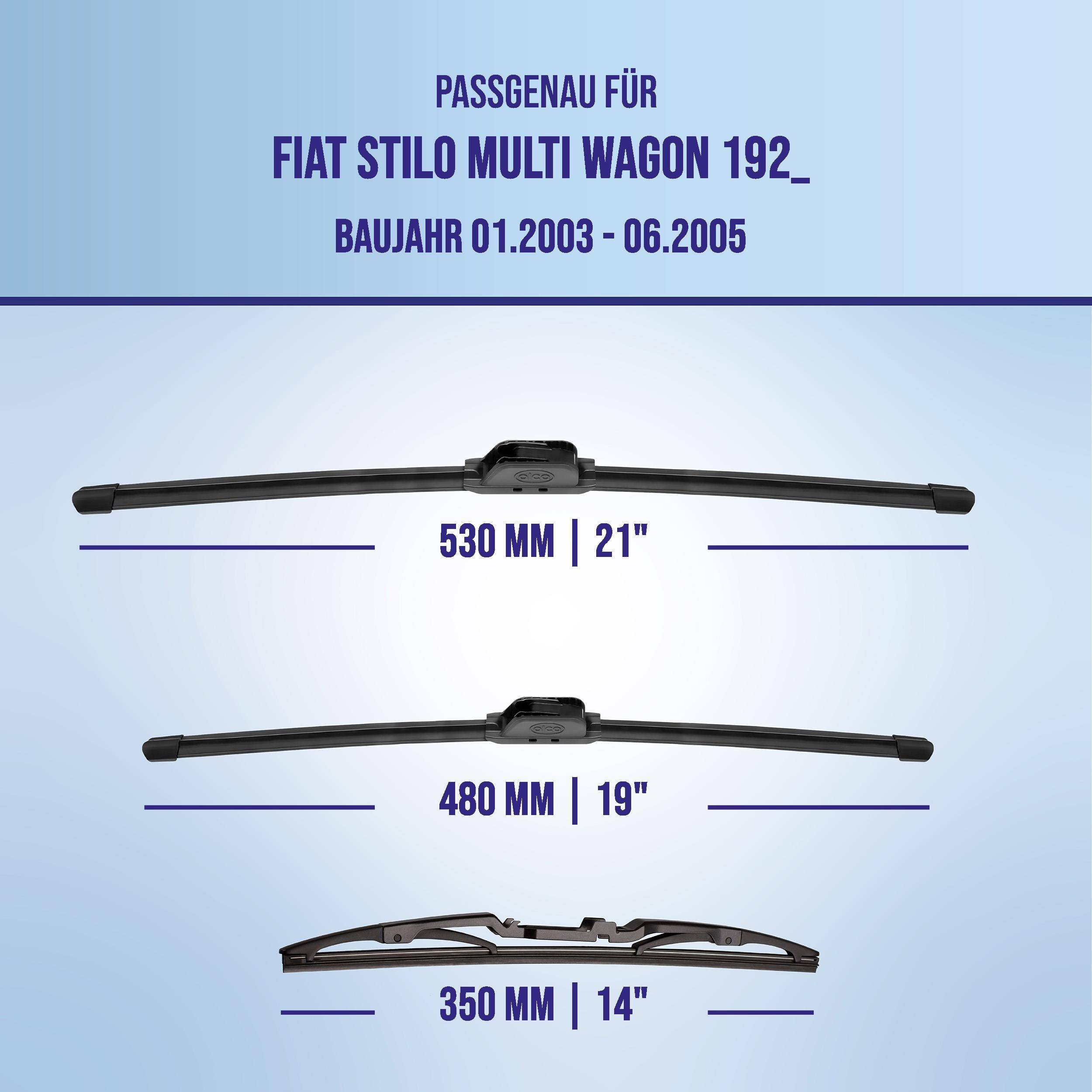 Kompatibilitätstabelle für Scheibenwischer für Fiat Stilo Multi Wagon 192, Modelljahre 01.2003-06.2005, mit Wischblattern in den Längen 530 mm, 480 mm und 350 mm.