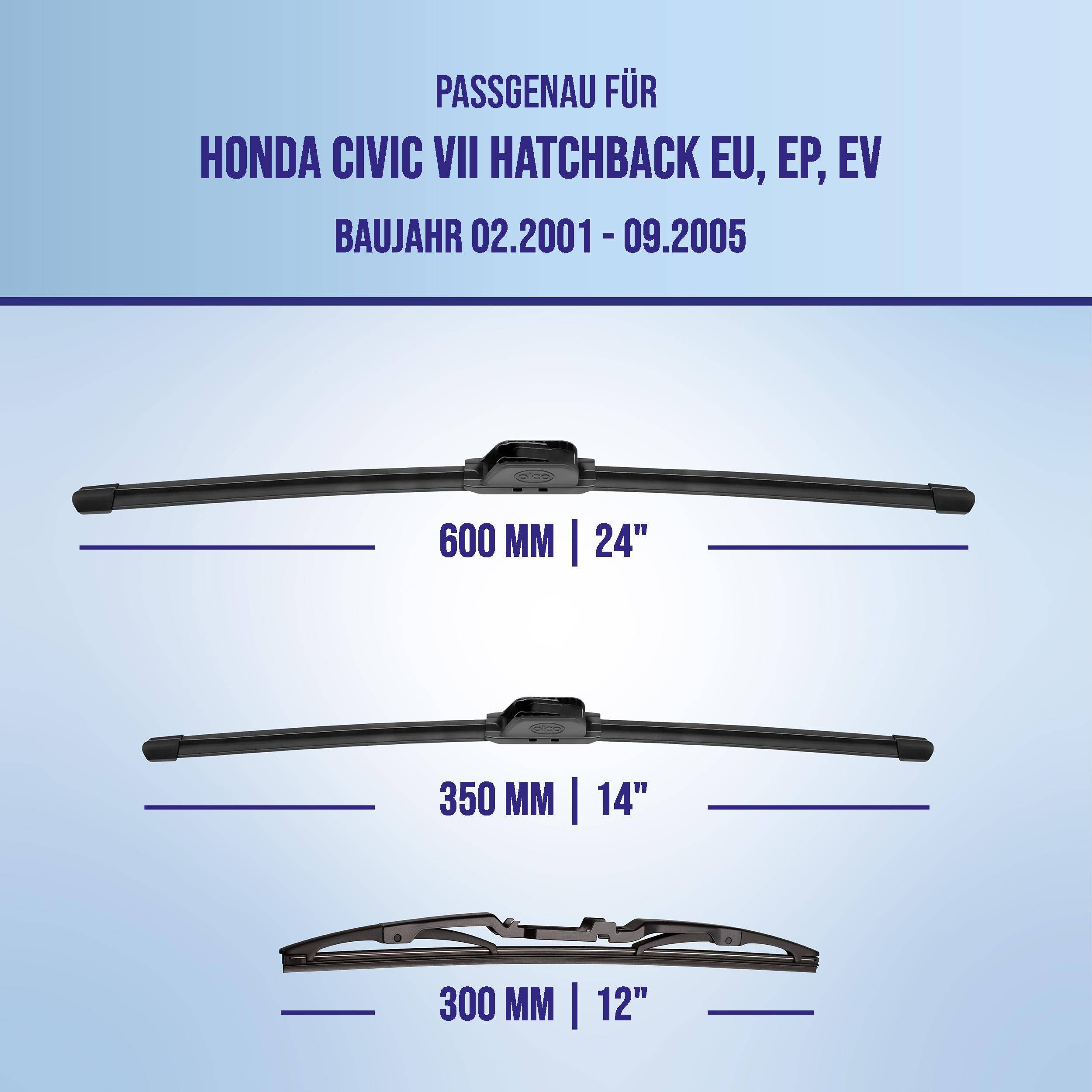 Kompatibilitätsdiagramm für Honda Civic VII Schrägheck EU/EP/EV (2001-09): Wischerblattstärken 600 mm (24'), 350 mm (14') und 300 mm (12').