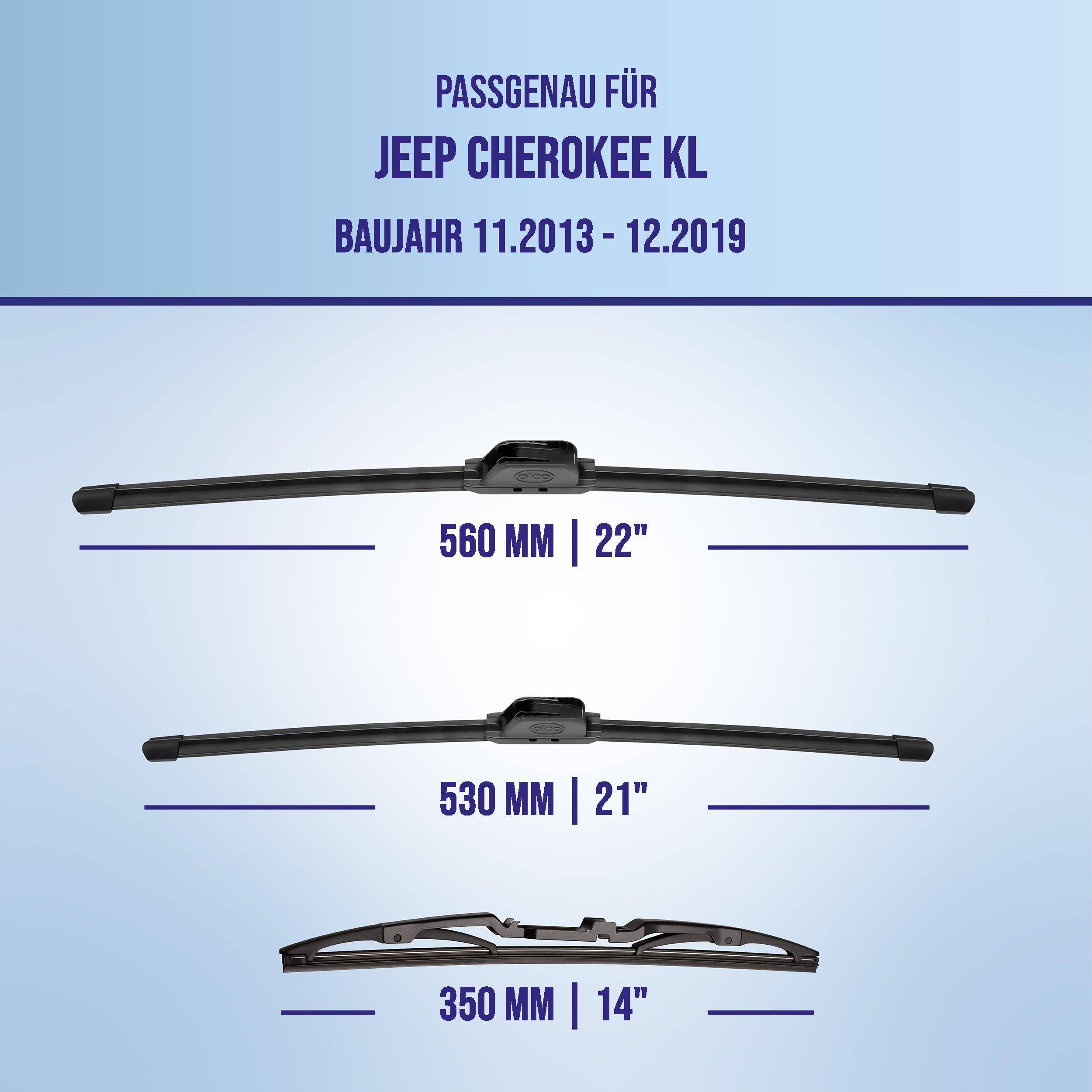 Grafik mit kompatiblen Wischblattzugrößen für Jeep Cherokee KL (11/2013-12/2019): 560 mm/22', 530 mm/21' und 350 mm/14'.
