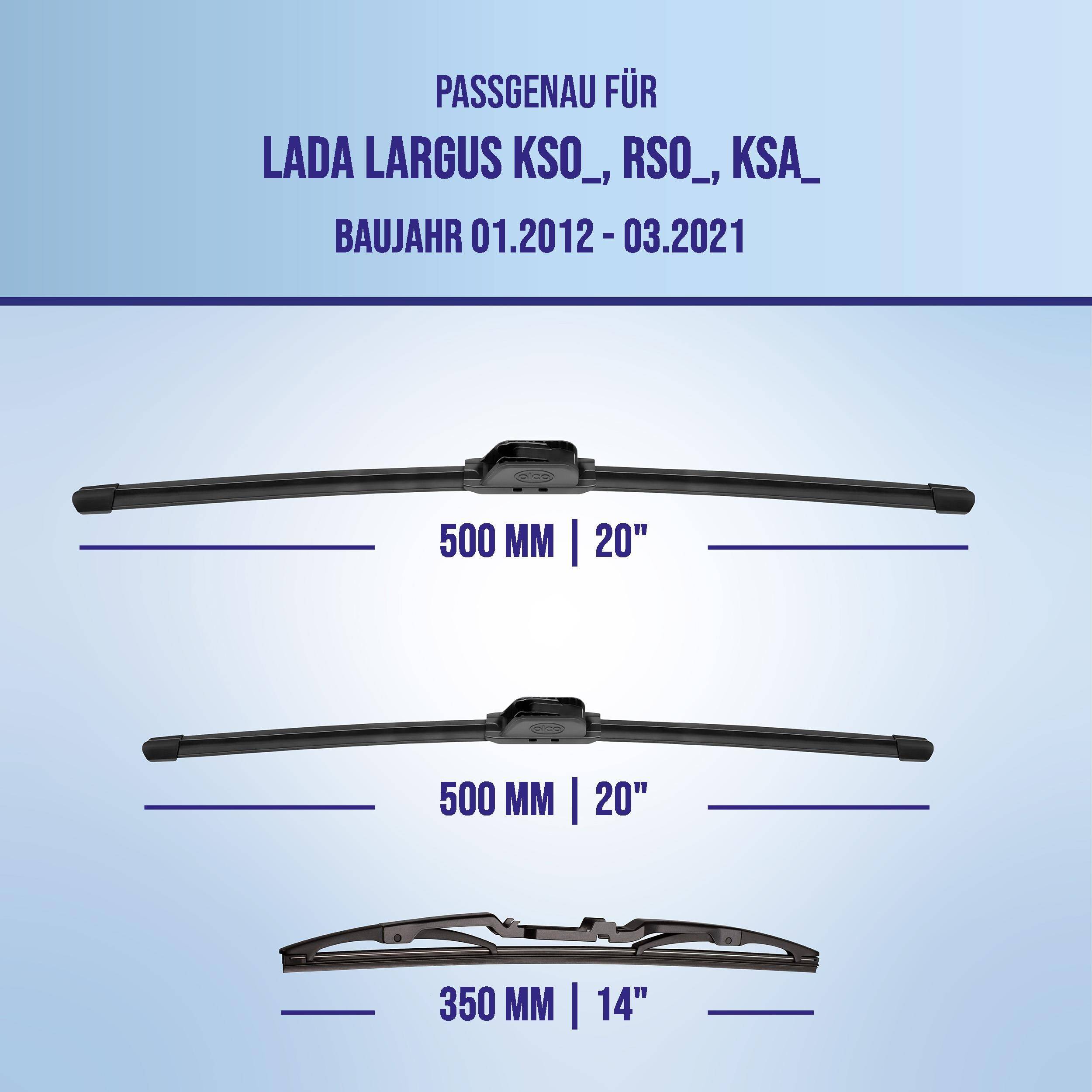 Passt auf Lada Largus KSO, RSO, KSA (2012-03/2021); drei Wischblattsätze in den Größen: 500 mm, 500 mm und 350 mm.