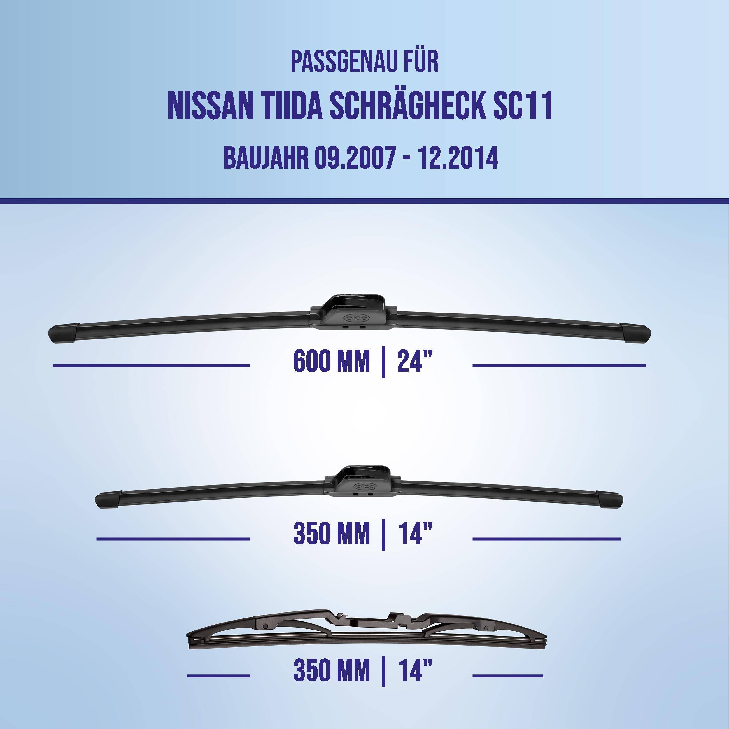 Diagramm zur Montage von Wischblättern für Nissan Tiida SC11 (09/2007-12/2014): Vorderwischblätter 600 mm und 350 mm, Heckwischblatt 350 mm.