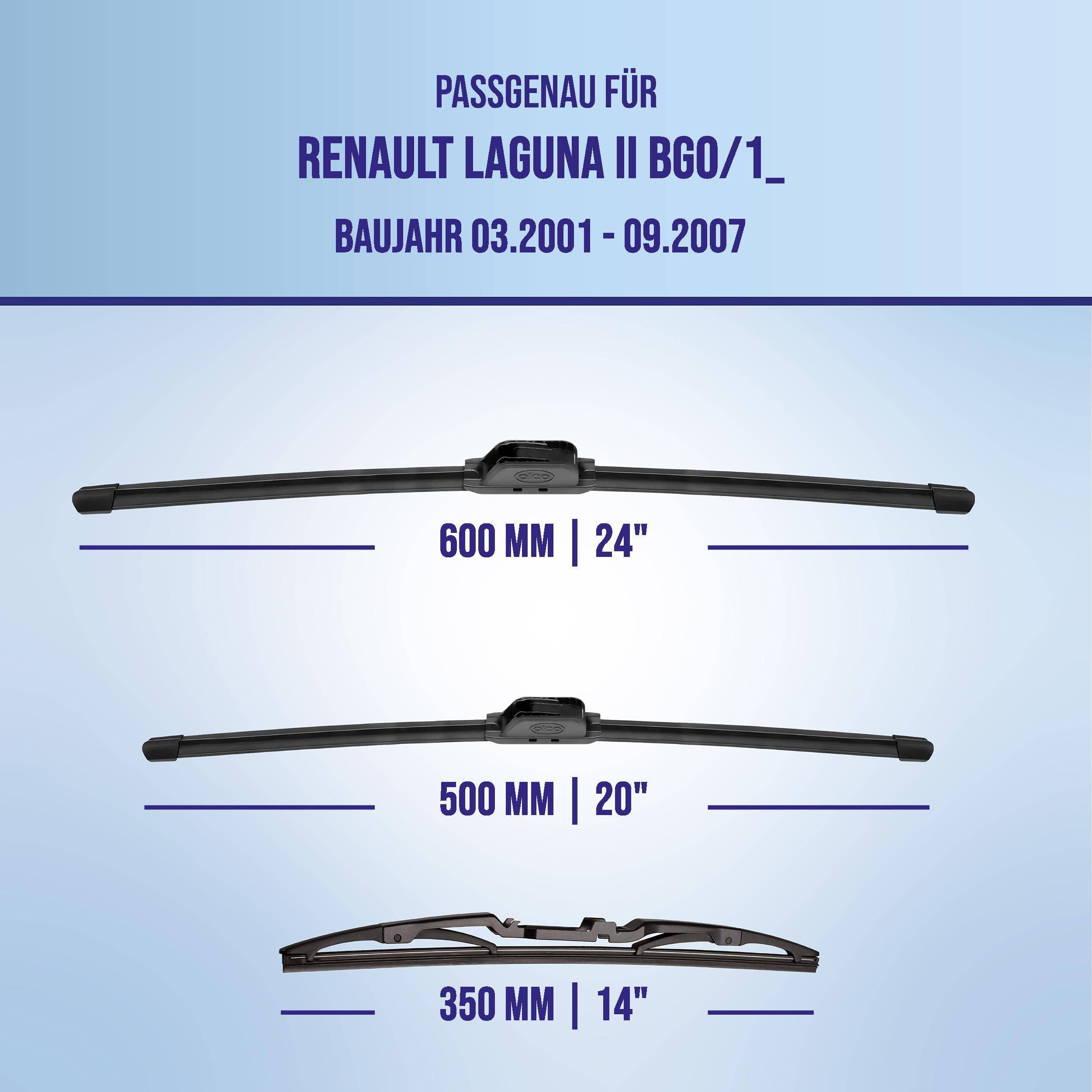 Kompatibilitätstabelle für Renault Laguna II BGO/1, Baujahre 03.2001-09.2007, mit Scheibenwischergröße: 600 mm (24