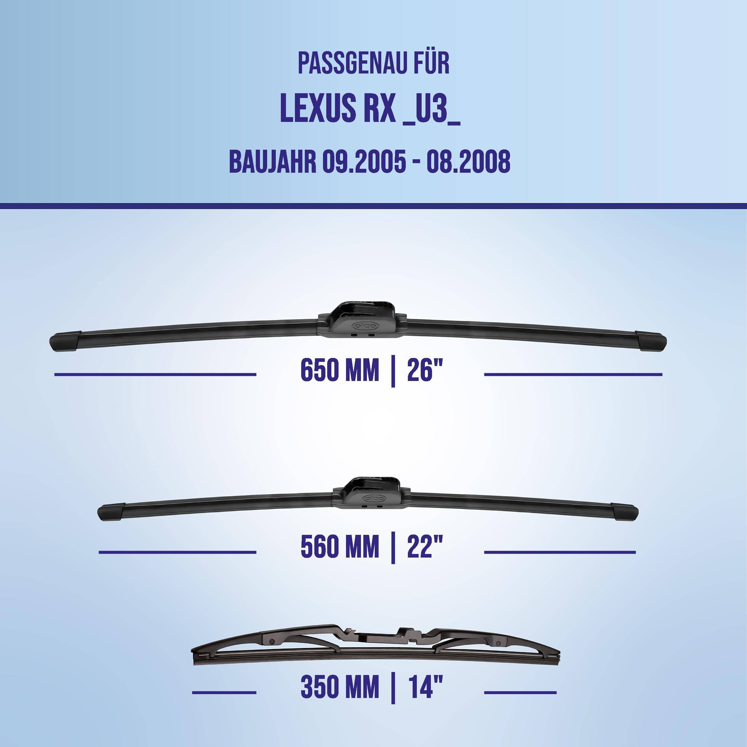 Einbauanleitung für Lexus RX (_U3_) Modelljahre 09.2005-08.2008, mit drei Wischblattsizes: 650 mm/26