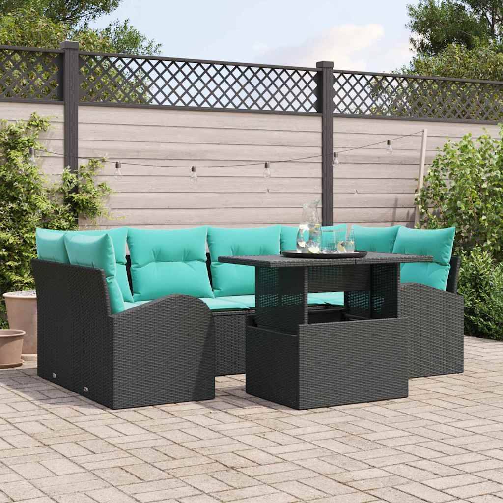 vidaXL Gartensofa-set mit Kissen mit Speicher 7 pcs Schwarz und Türkis
