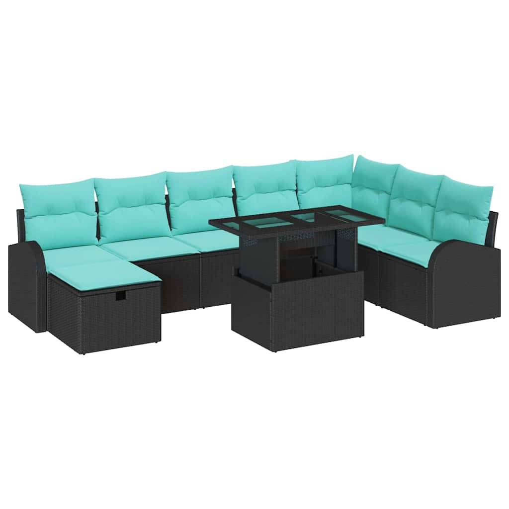 vidaXL Garten-Sofa-Set mit Kissen 9 pcs Schwarz Poly Rattan