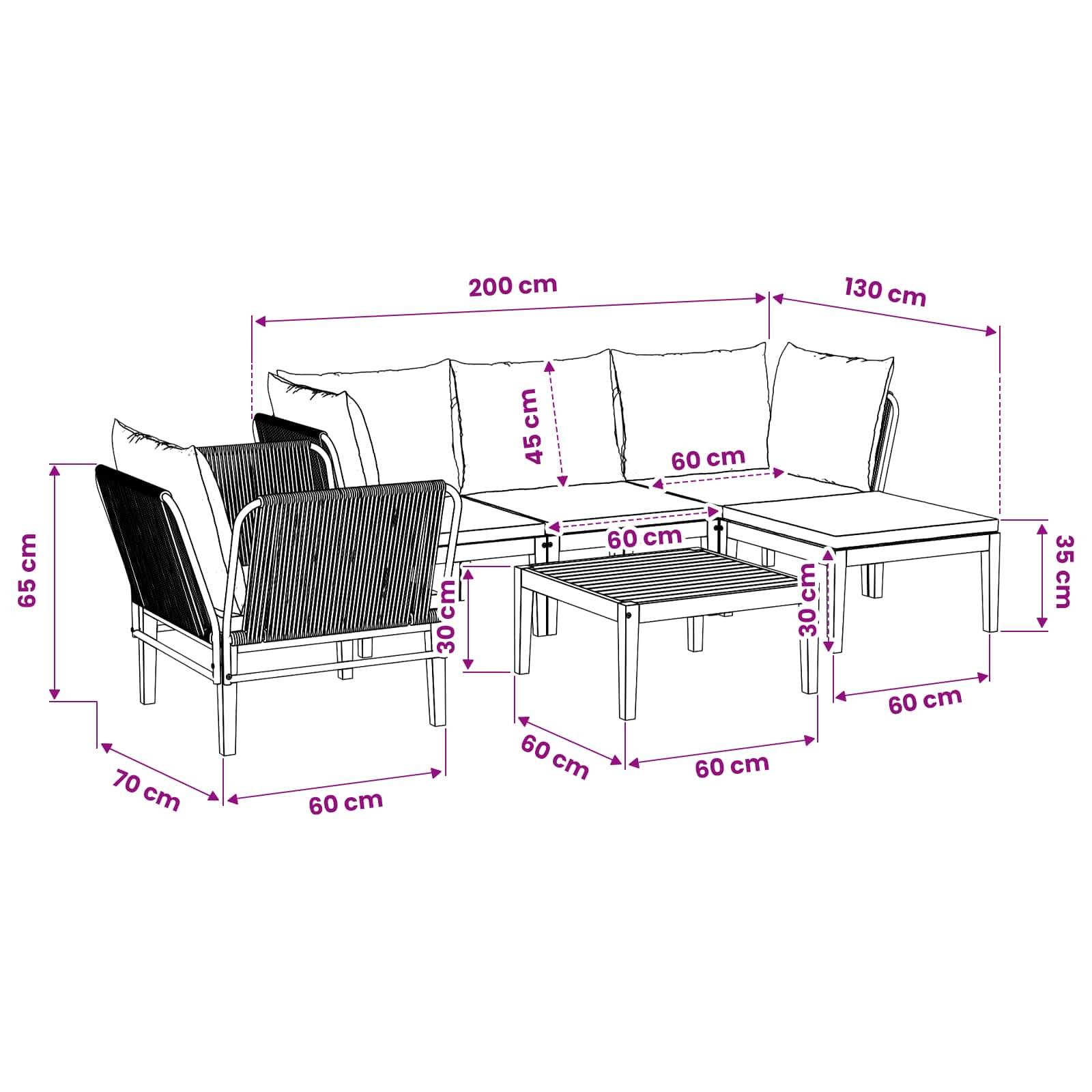 vidaXL 6 pcs Massives Akazienholz & Seil Natur