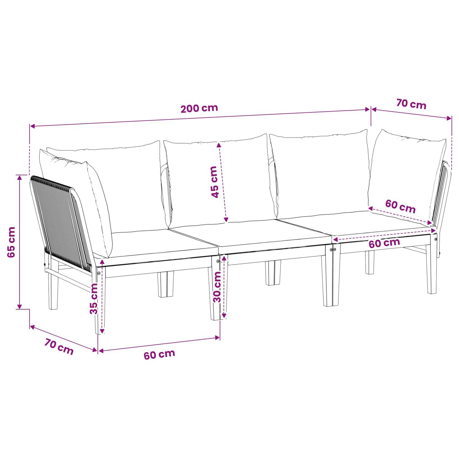 vidaXL 3 pcs Massives Akazienholz & Seil Natur