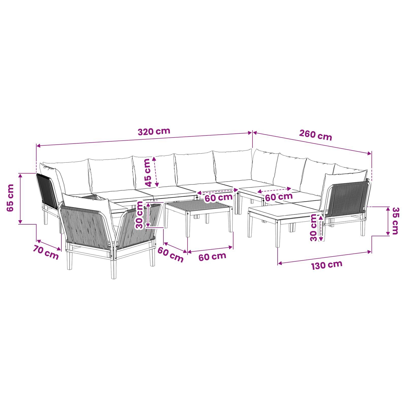 vidaXL 12 pcs Massives Akazienholz & Seil Natur