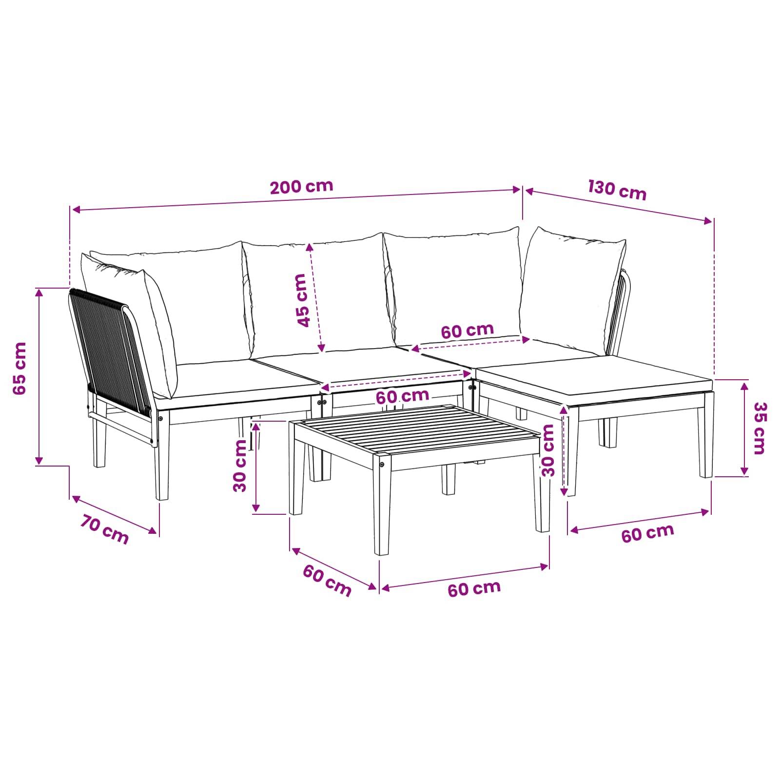 vidaXL 5 pcs Massives Akazienholz & Seil Natur