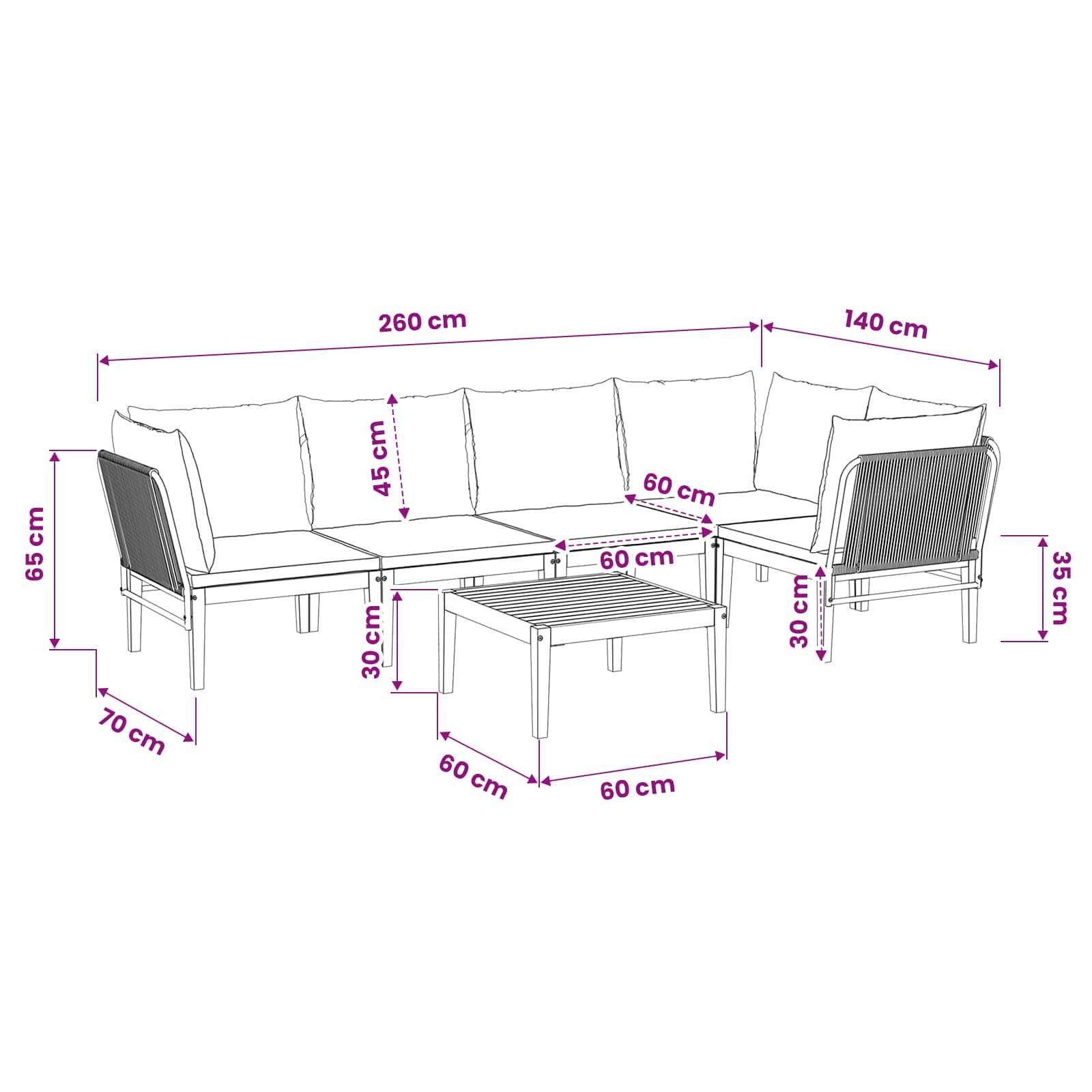 vidaXL 6 pcs Massives Akazienholz & Seil Natur