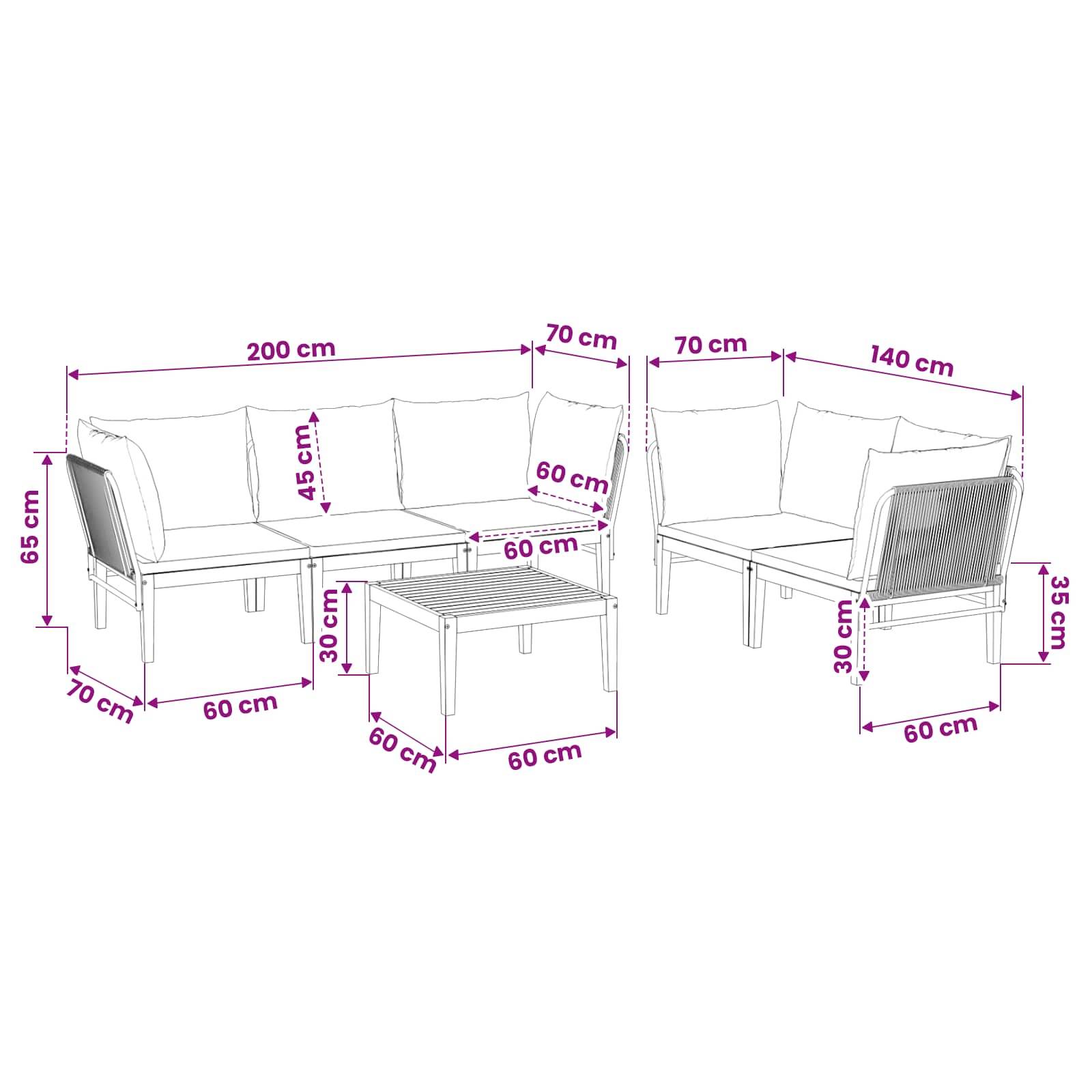 vidaXL 6 pcs Massives Akazienholz & Seil Natur