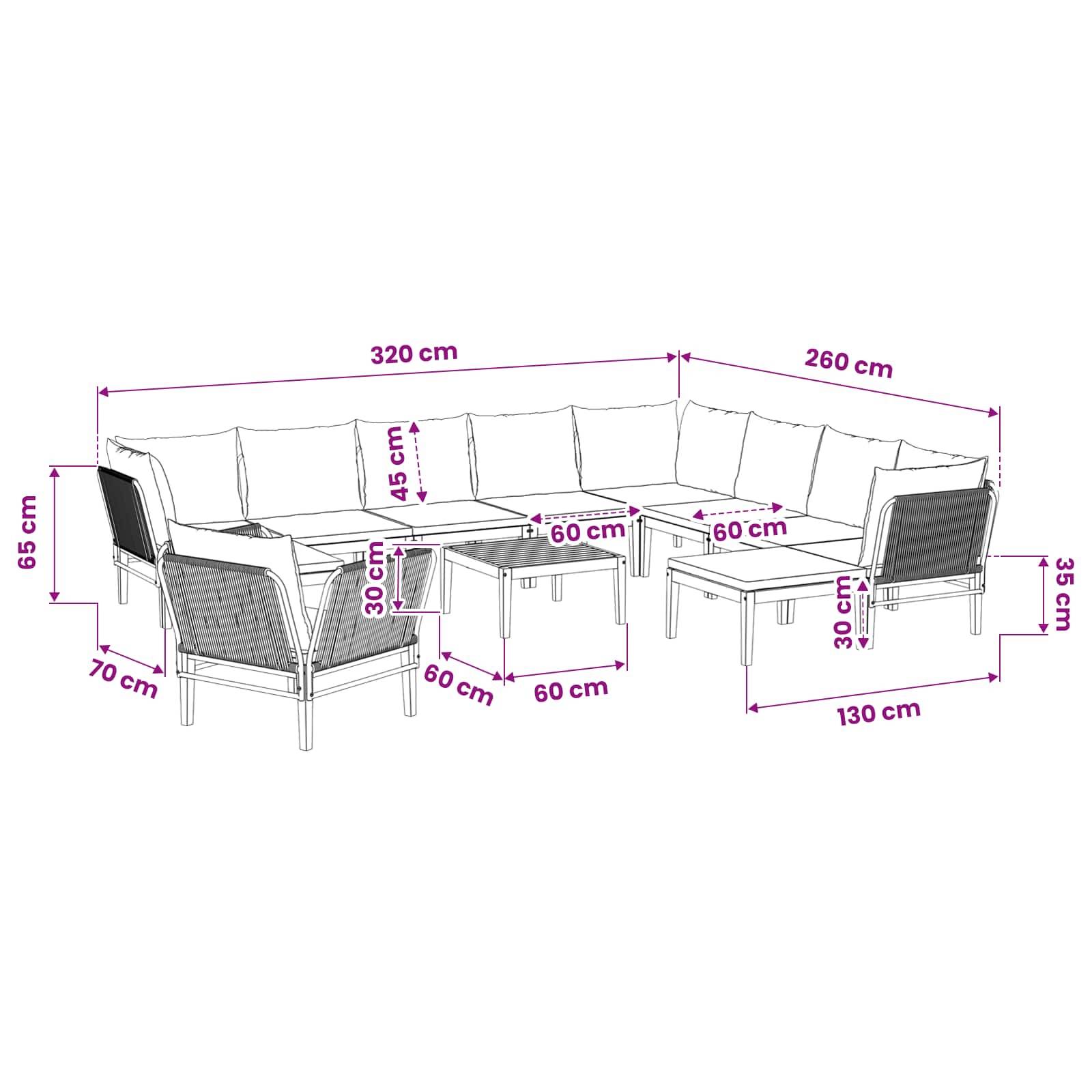 vidaXL 12 pcs Massives Akazienholz & Seil Natur