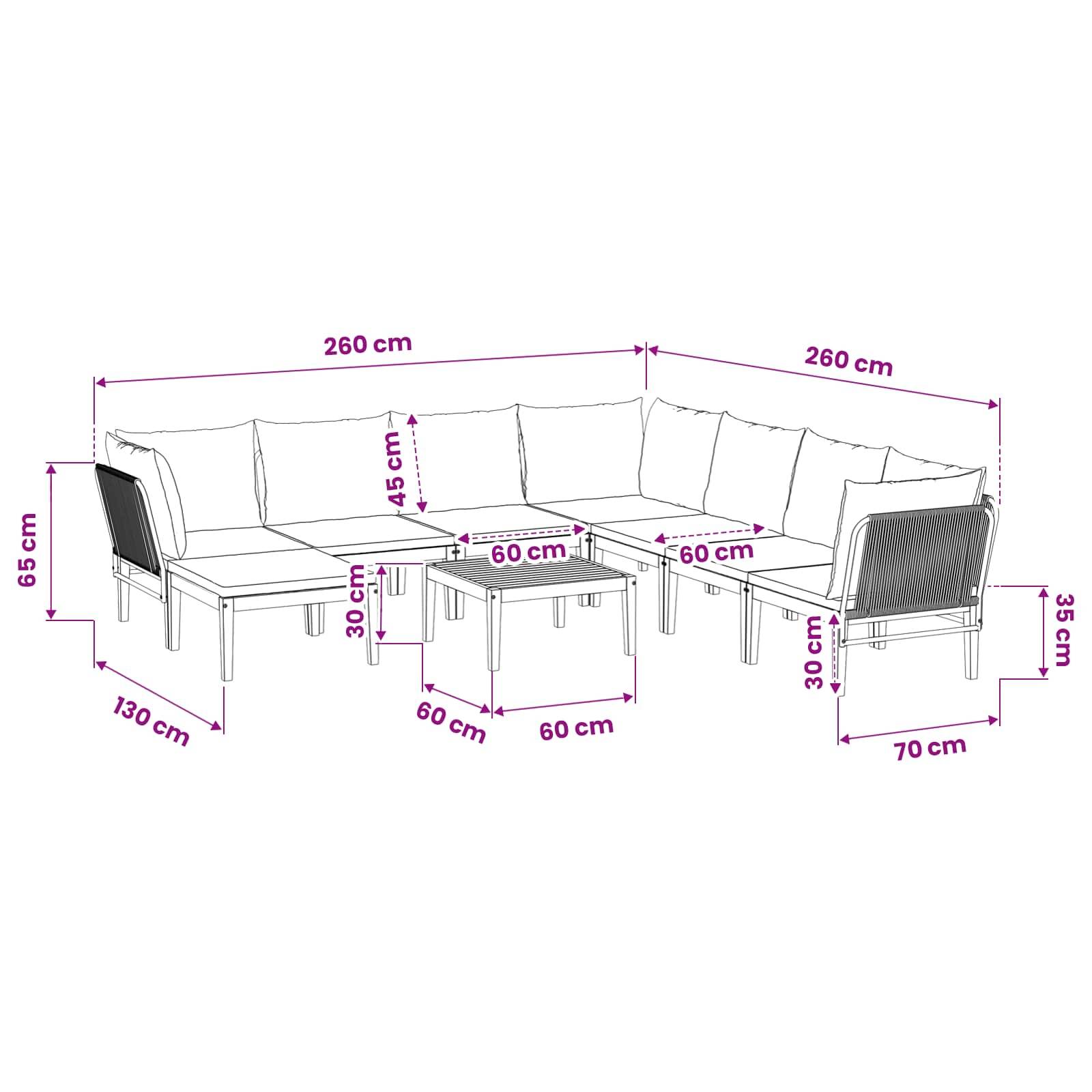 vidaXL 9 pcs Massives Akazienholz & Seil Natur
