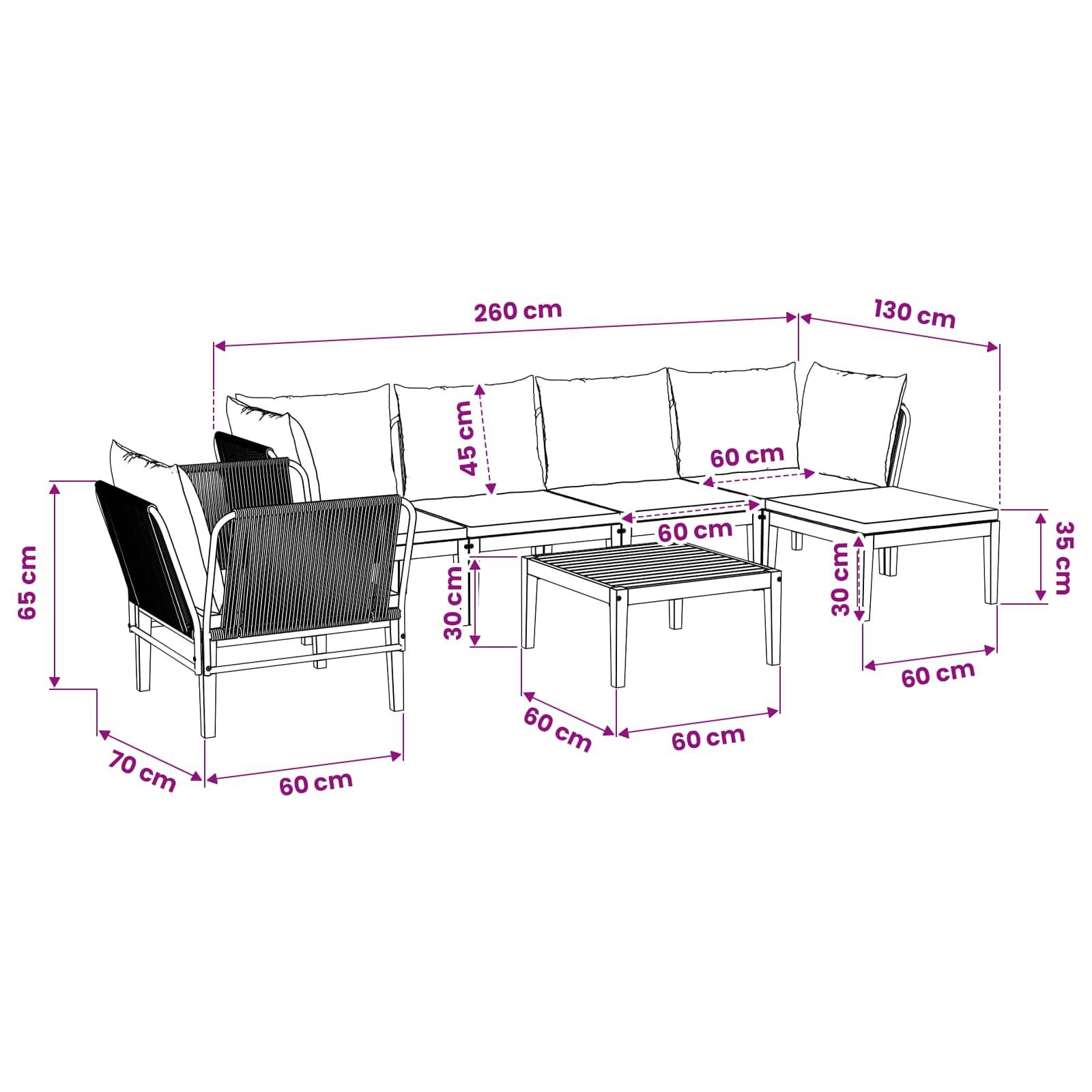 vidaXL 7 pcs Massives Akazienholz & Seil Natur