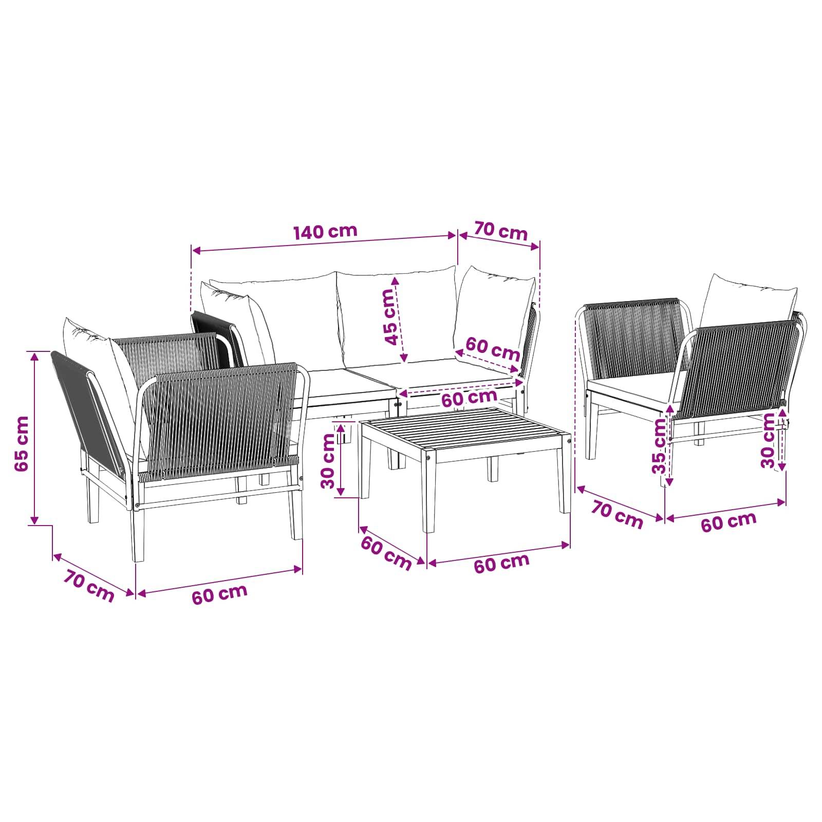 vidaXL 5 pcs Massives Akazienholz & Seil Natur