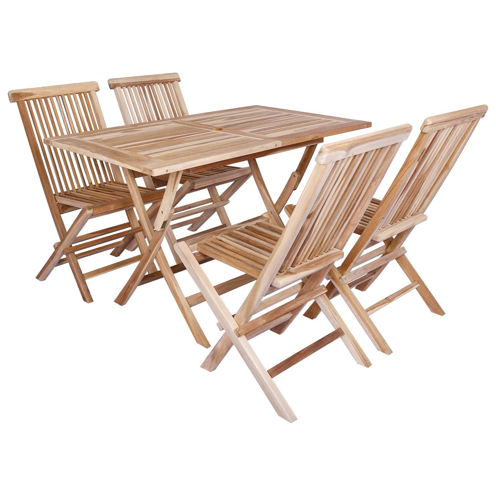 Holz-Essgarnitur für den Außenbereich mit rechteckigem Tisch und vier Klappstühlen auf weißem Hintergrund.