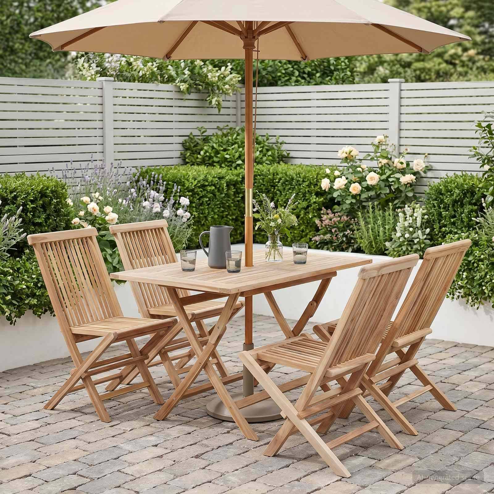 Holzgarnituren für die Terrasse mit vier Klappstuehlen, quadratischem Tisch und Sonnenschirm in einem gestalteten Hofgarten.