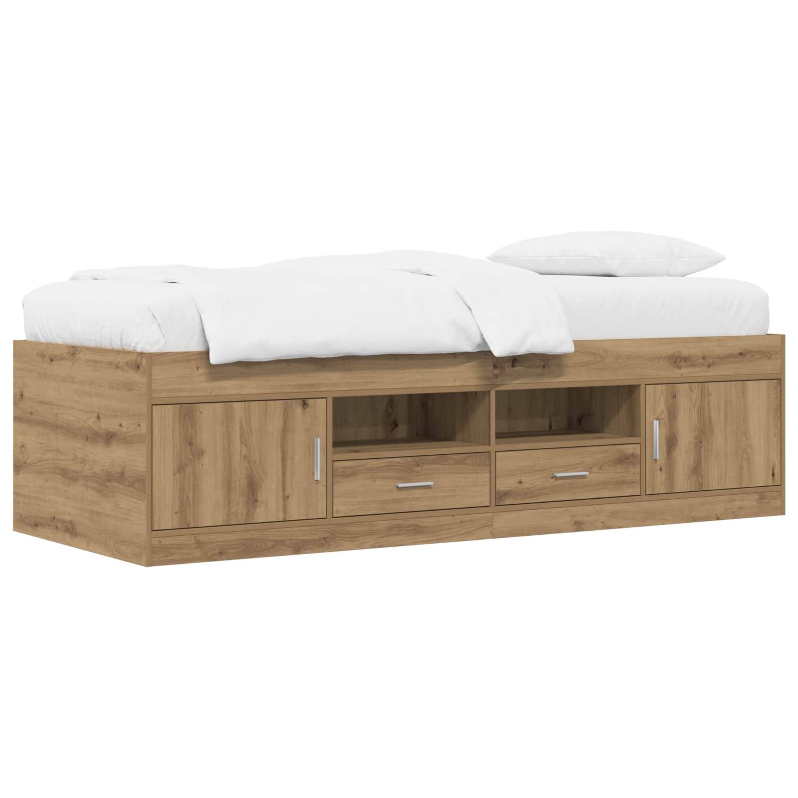 Holzbettsofa mit weißer Bettwäsche und Lagerschränken sowie Schubladen darunter, dargestellt auf weißem Hintergrund.
