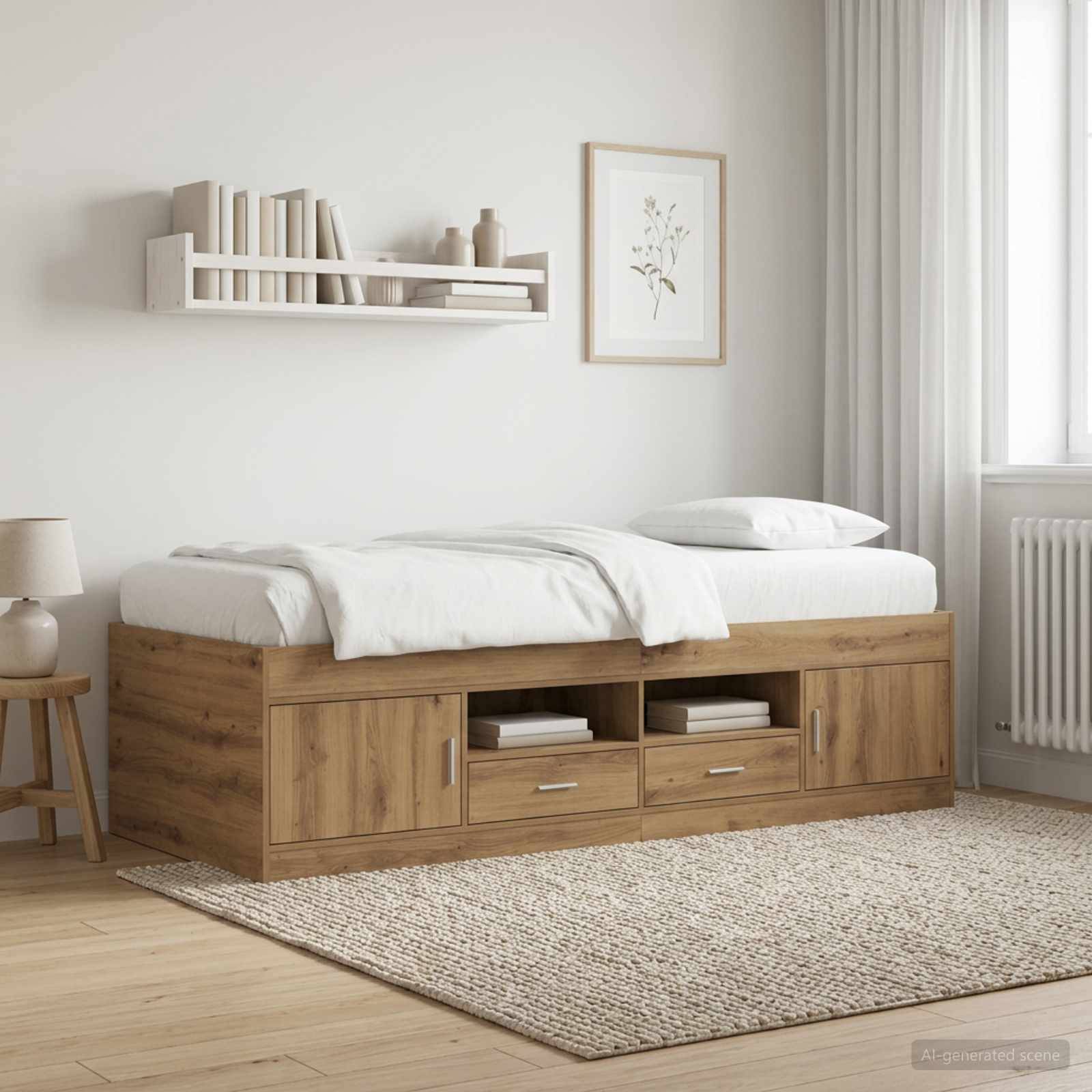 Minimales Schlafzimmer mit einem Holzstauraumbett, weißer Bettwäsche, Wandregal, gerahmter Kunst, Nachttischlampe und Teppich in der Nähe eines Fensters.