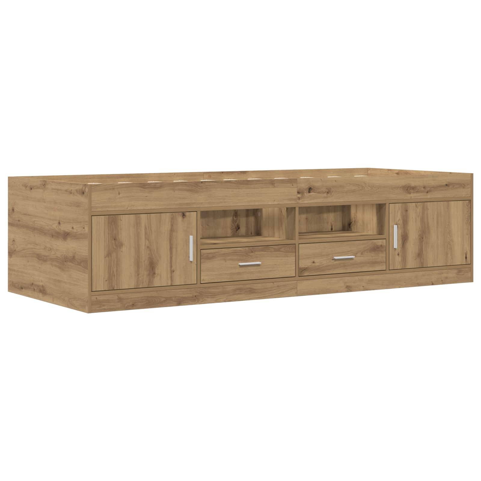 Helles Holz-Fernsehschrank mit zwei Seitenschränken, zwei mittleren Schubladen und offenen Regalen über den Schubladen.