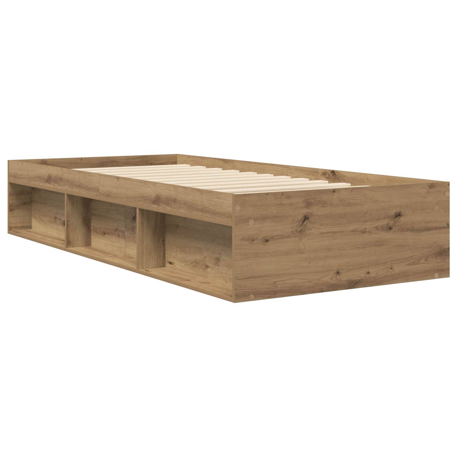 Holzbett-Rahmen mit Lattenrost und eingebauten Seitenspeicherfächern, gezeigt auf weißem Hintergrund.