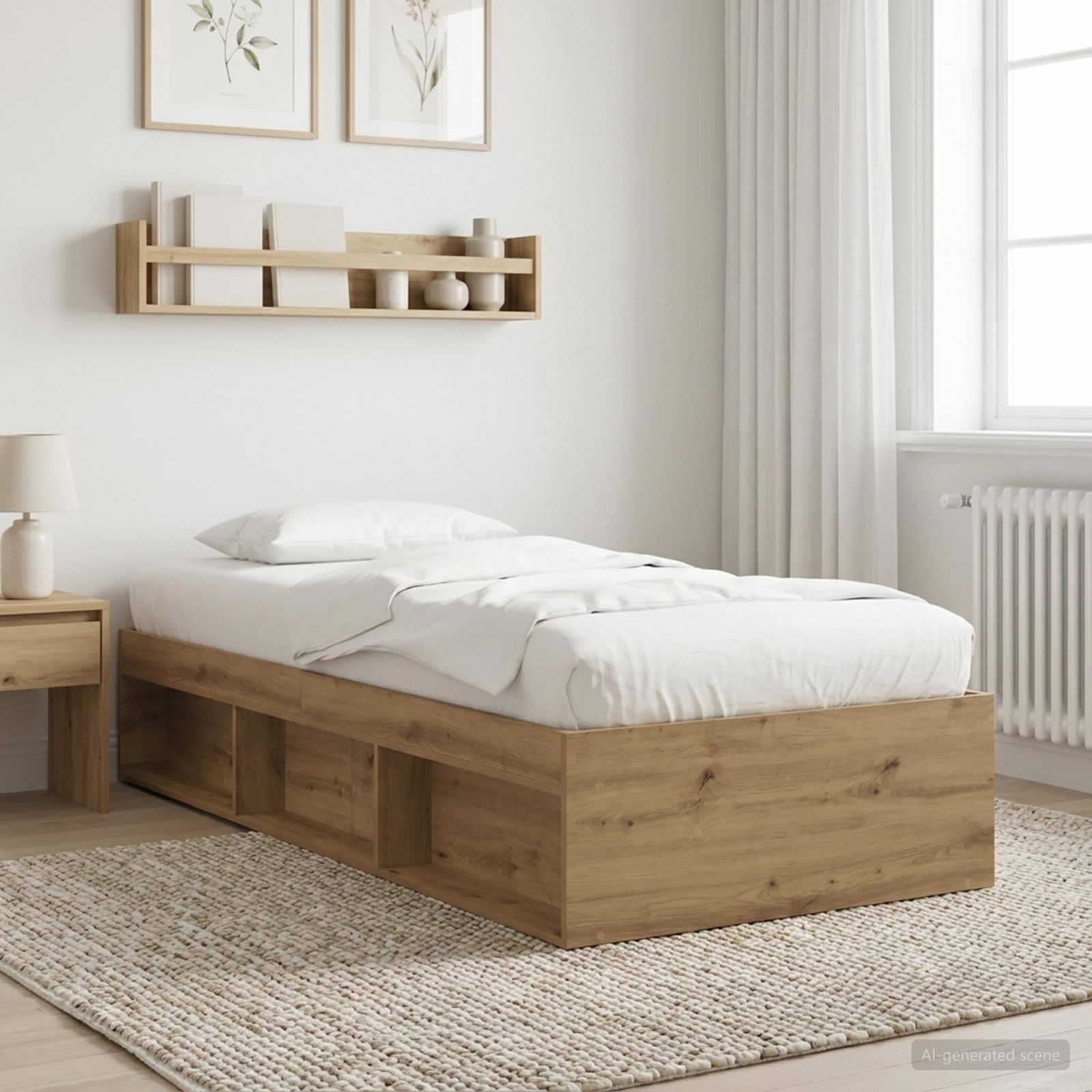 Minimalistisches Schlafzimmer mit einem hölzernen Einzelbett, weißer Bettwäsche, Wandregal, Lampe, gerahmter Kunst, Fenster und Heizkörper.