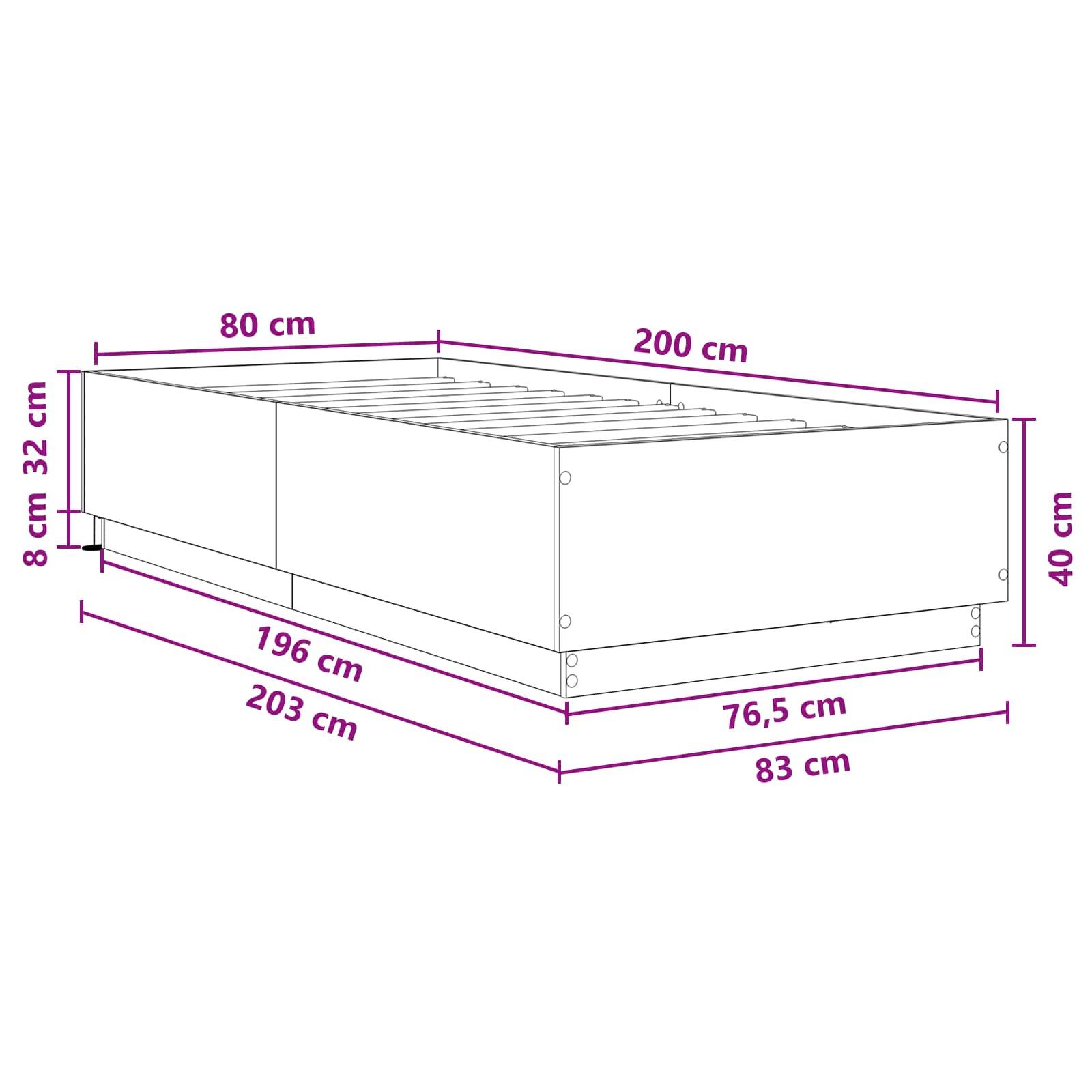 Maßstabgetreue Zeichnung eines rechteckigen Speicherbettgestells mit Gesamtabmessungen von 200 cm x 80 cm, Höhe 40 cm und zusätzlich beschrifteten Maßen.