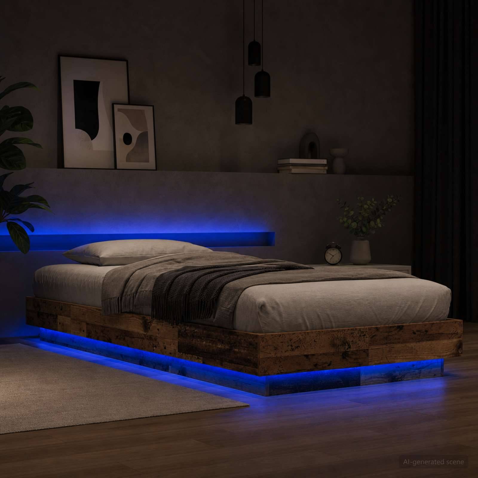 Modernes Schlafzimmer mit einem schwebenden Holzbett, das von blauen LED-Streifen darunter und dahinter beleuchtet wird, mit einer grauen Bettendecke und minimalistischer Einrichtung.