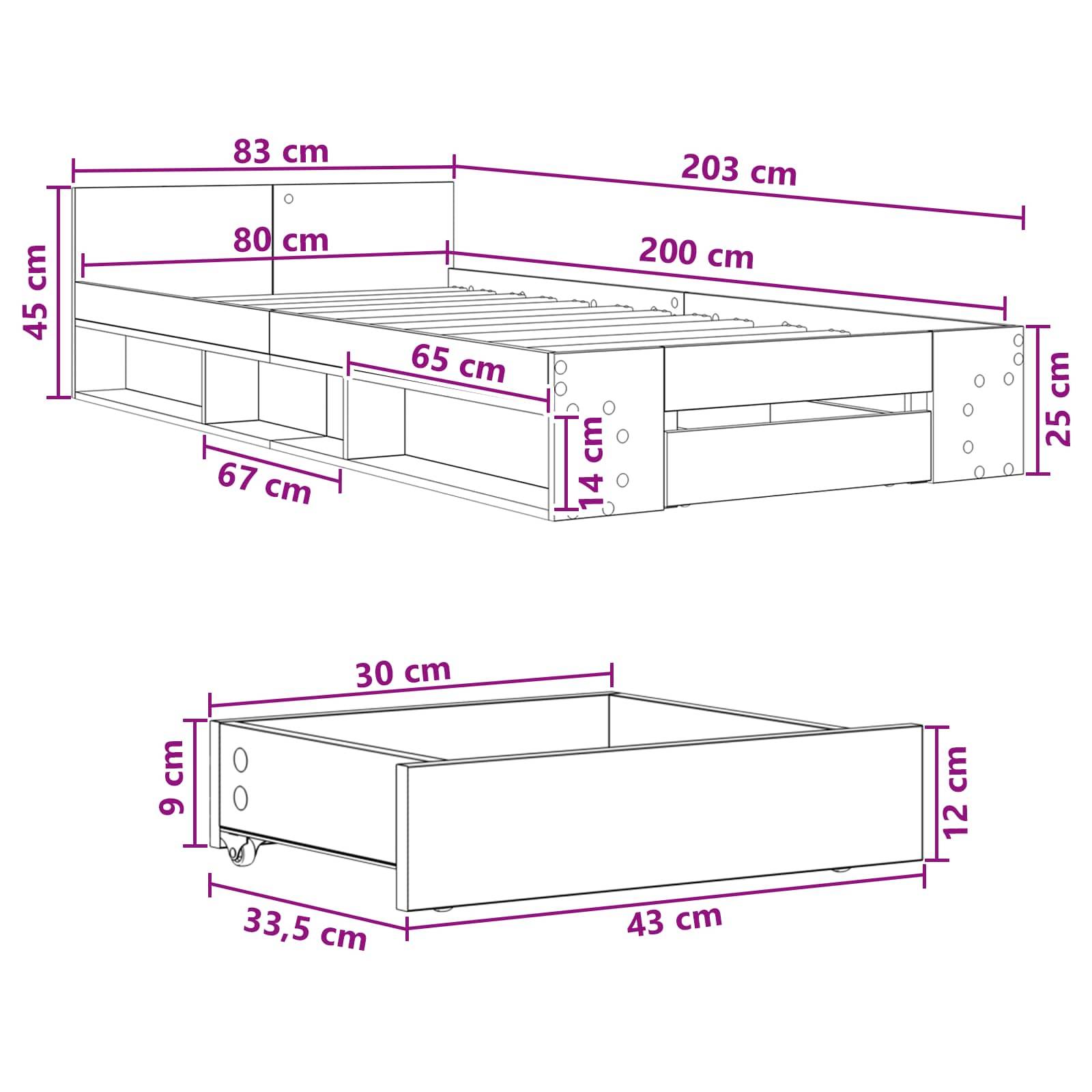 Bemaßtes Diagramm eines Bettrahmens und einer passenden Schublade mit Größenangaben in cm: Bett 203 x 83 x 45, Matratzenbereich 200 x 80, Schublade 43 x 33,5 x 12.
