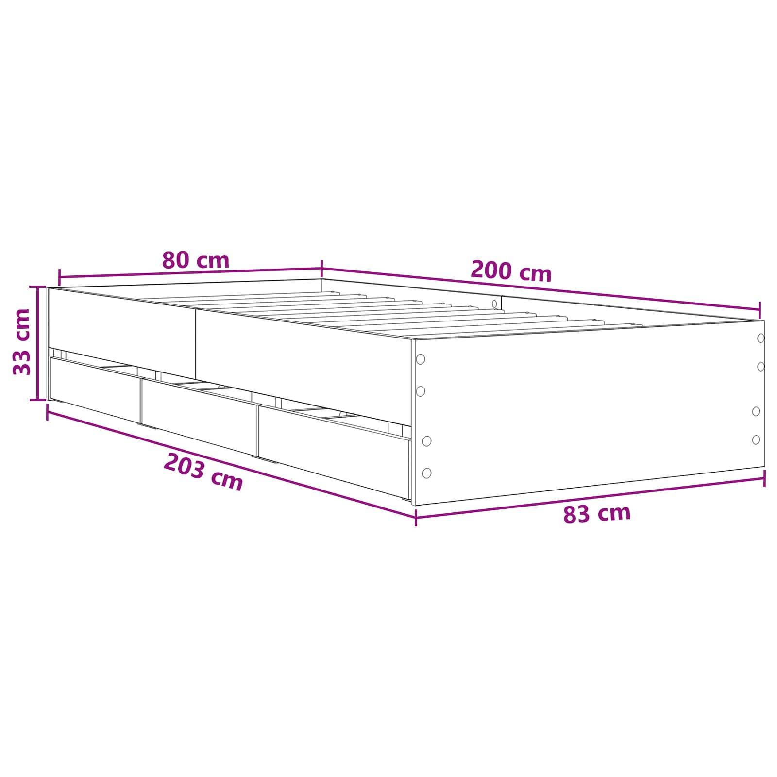 Maßstabzeichnung eines flachen rechteckigen Speicherbettrahmens mit Angabe von 200 cm Länge, 83 cm Breite, 33 cm Höhe und 80 cm/203 cm beschrifteten Spannweiten.