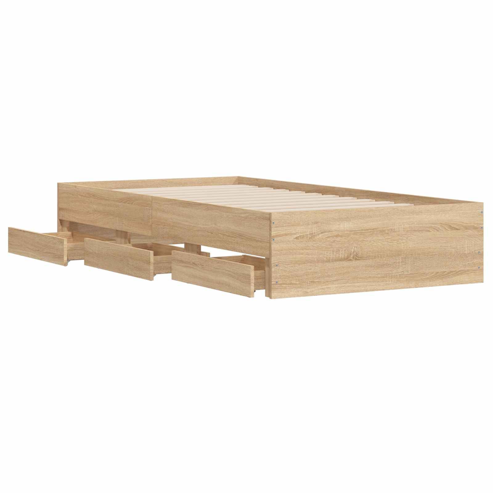 Holzbettgestell mit drei ausziehbaren Schubladen und Lamellentop, dargestellt auf weißem Hintergrund.