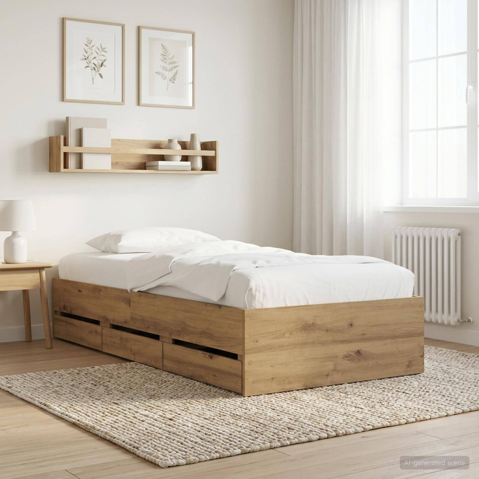 Ein minimalistisches Schlafzimmer mit einem einzelnen Holzlagerbett, weißer Bettwäsche, Teppich, Nachttisch, gerahmter Wandkunst und hellem Fensterlicht.