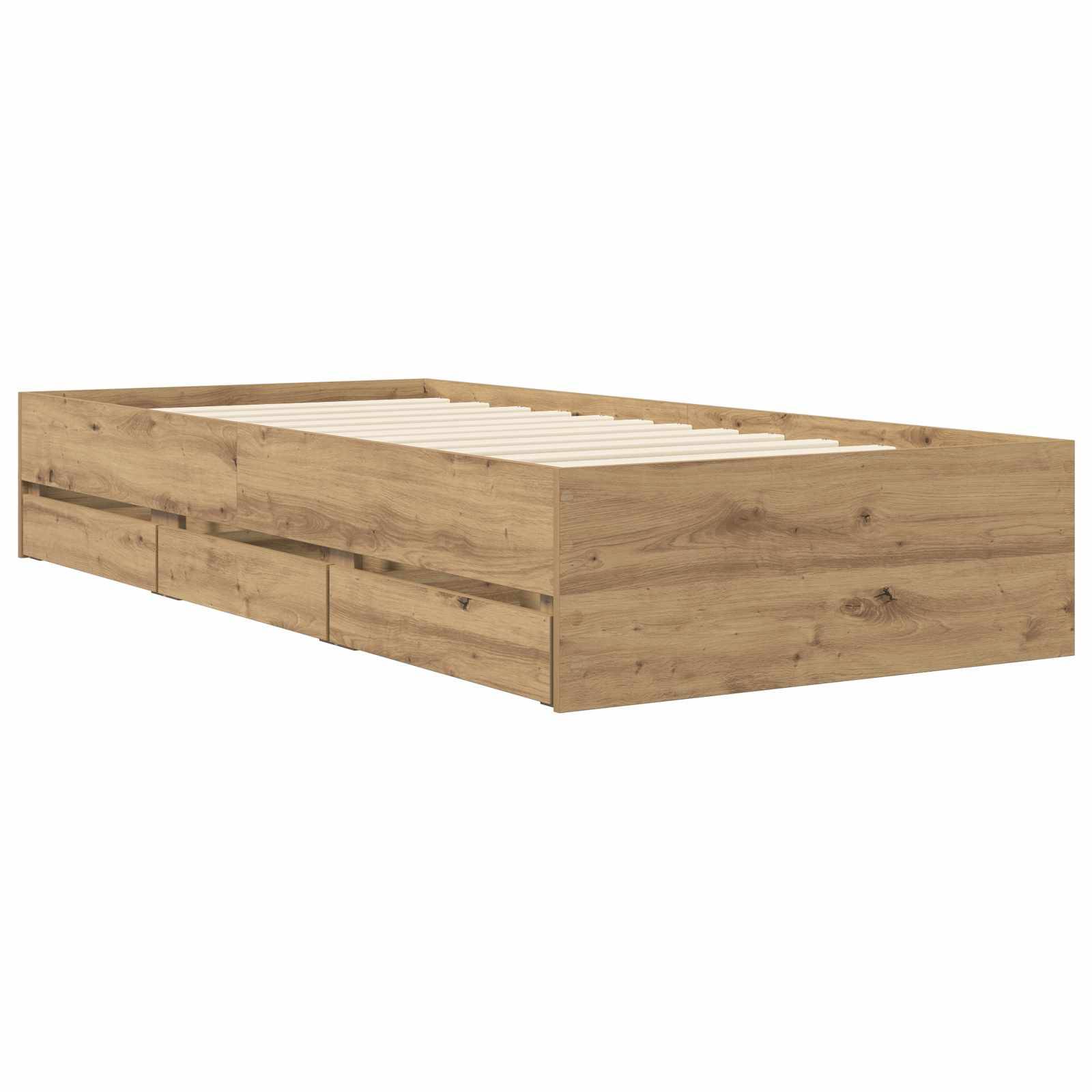 Holzbett-Rahmen mit Plattform und eingebauten Schubladen, auf weißem Hintergrund dargestellt.