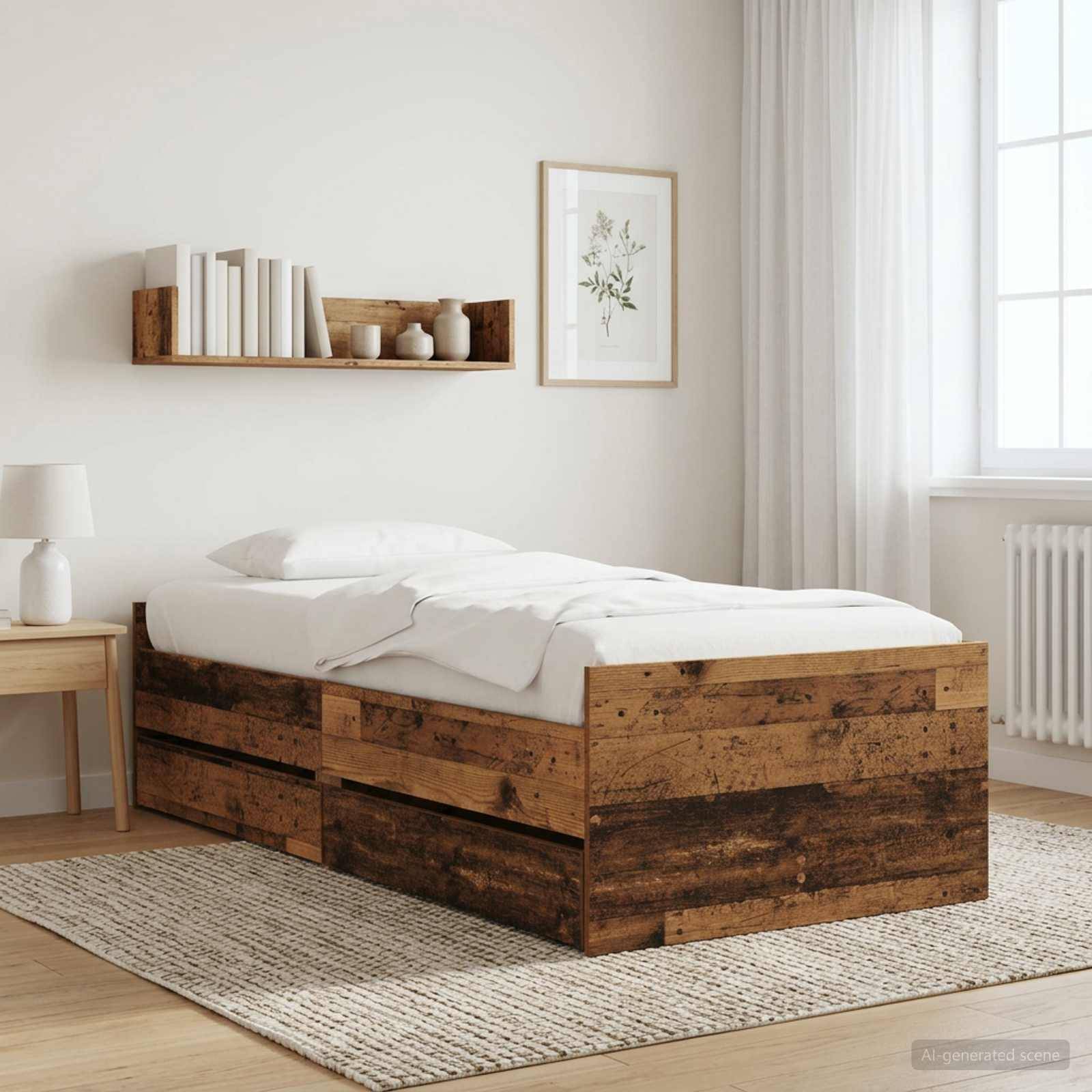 Minimalistisches Schlafzimmer mit einem rustikalen Holzbett, weißer Bettwäsche, Nachttisch, Wandregal, Bilderrahmen, Fenster und Teppich in einem hellen Raum.