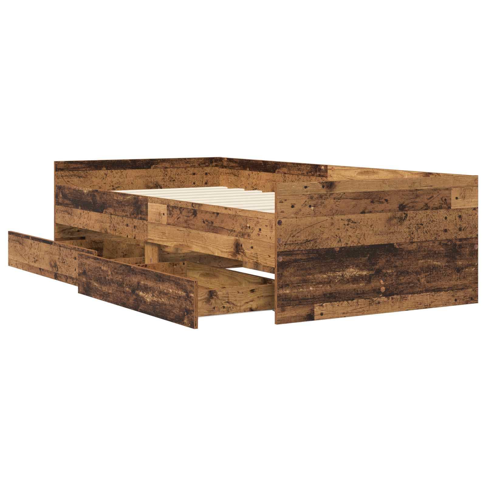 Holzbettrahmen mit rustikalem Bretterkopfteil und Fußteil, dargestellt in Dreiviertelansicht auf weißem Hintergrund.