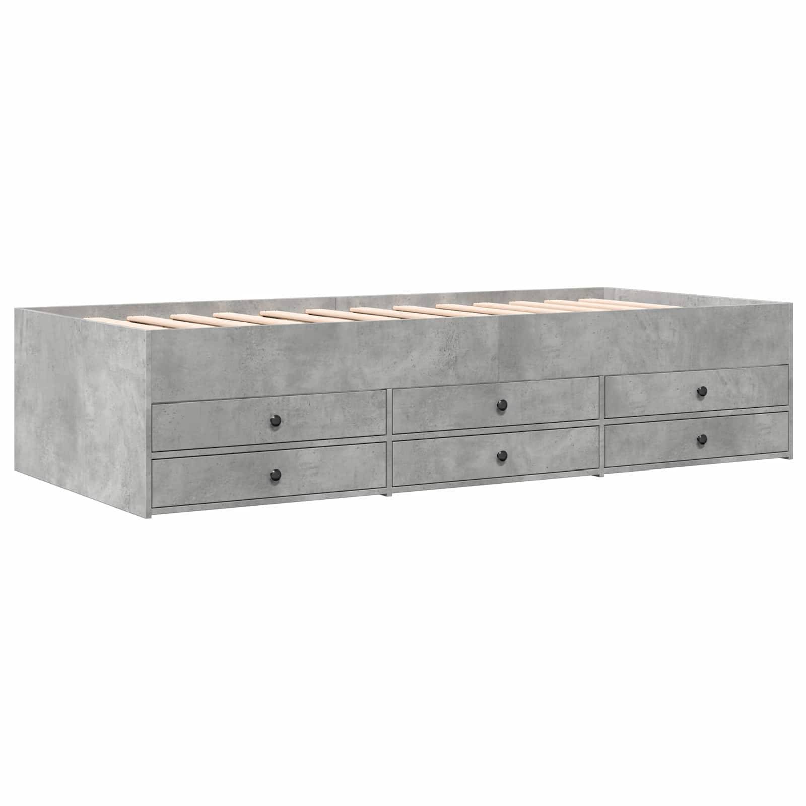 Graues Betonplattformbett mit sechs vorderen Schubladen und Lamellentop, dargestellt vor weißem Hintergrund.