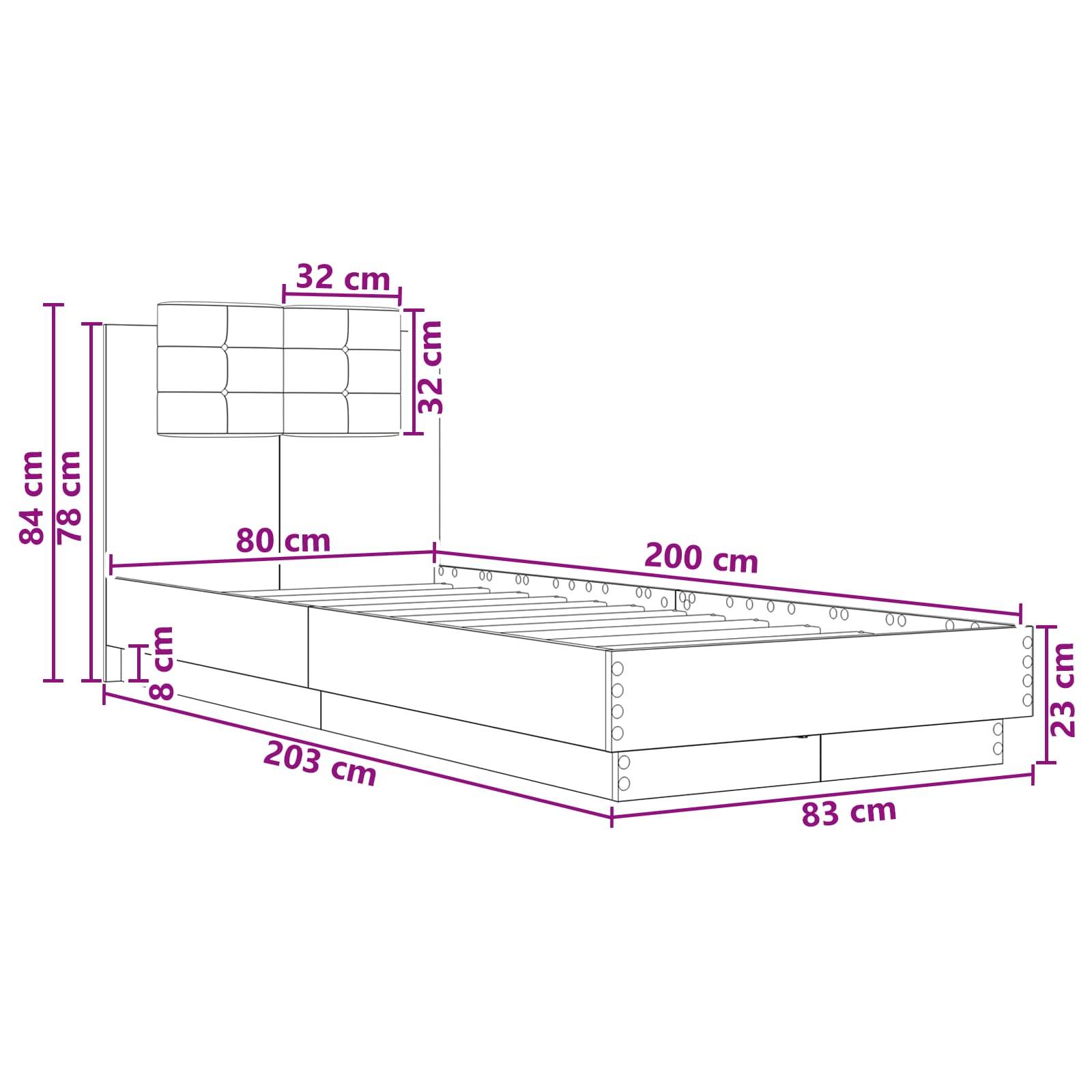 Maßstabgerechte technische Zeichnung eines Bettgestells und Kopfteils, mit Gesamtgröße 203 cm x 83 cm, Matratzenbereich 200 cm x 80 cm und Kopfteil 32 cm x 32 cm.