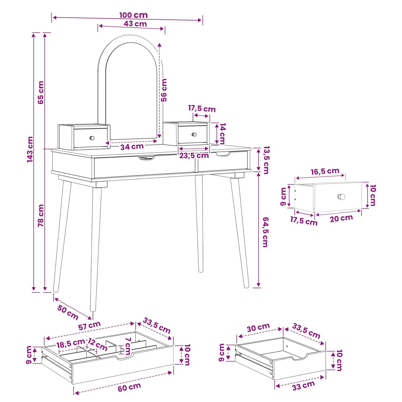 vidaXL Schminktisch-Set FAUSKE 4 pcs Weiß 100 x 50 x 143 cm