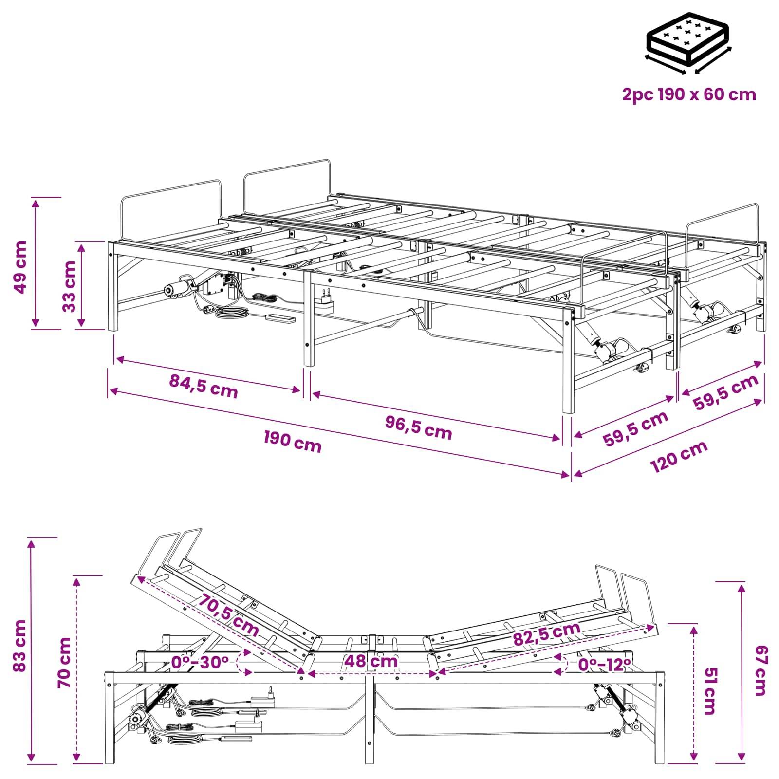 vidaXL Elektrisch verstellbares Bettgestell Schwarz 120 x 190 cm Stahl