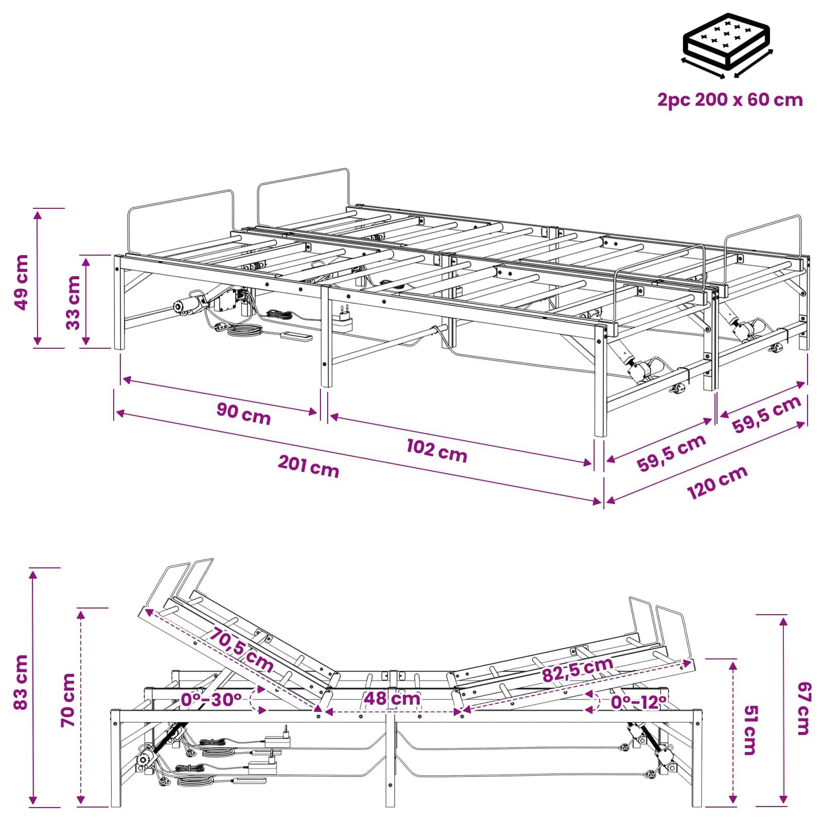vidaXL Elektrisch verstellbares Bettgestell Weiß 120 x 200 cm Stahl
