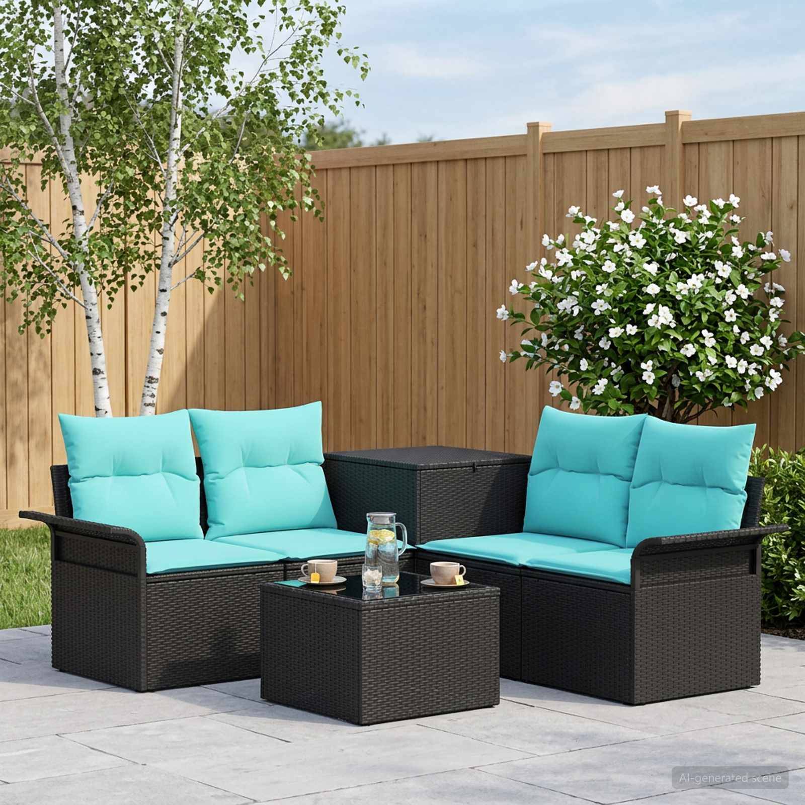 Gartenmöbel-Set für die Terrasse mit schwarzem Korbgeflecht-Loveseat und Stühlen, türkisfarbenen Kissen, passendem Couchtisch und dekorativen Pflanzen vor einem Holzzaun.