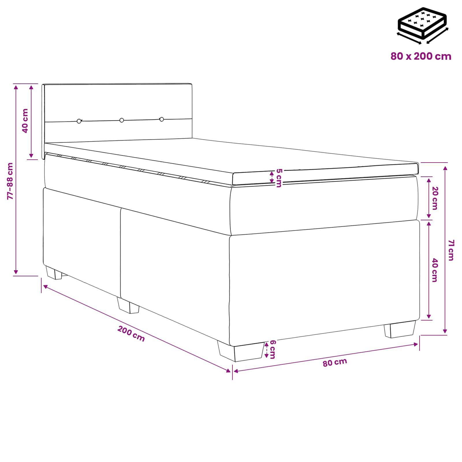 Diagramm eines gepolsterten Einzelbetts mit Stauraum-Sockel, das folgende Abmessungen zeigt: 200 cm lang, 80 cm breit und 77–88 cm hoch mit 40 cm Kopfteil.