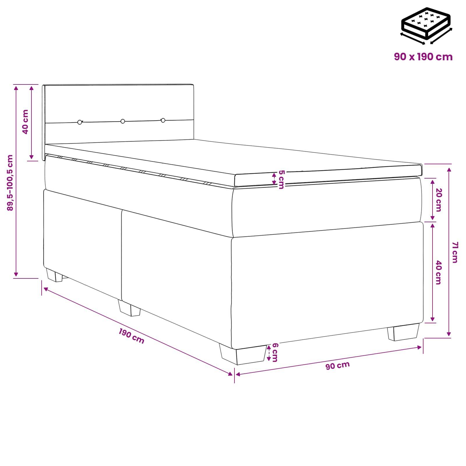 # Dimensioniertes Diagramm eines Einzelbetts mit gepolstertem Kopfteil und Speicherbasis, mit Matratzenabmessungen von 90 x 190 cm und Gesamtabmessungen in cm.