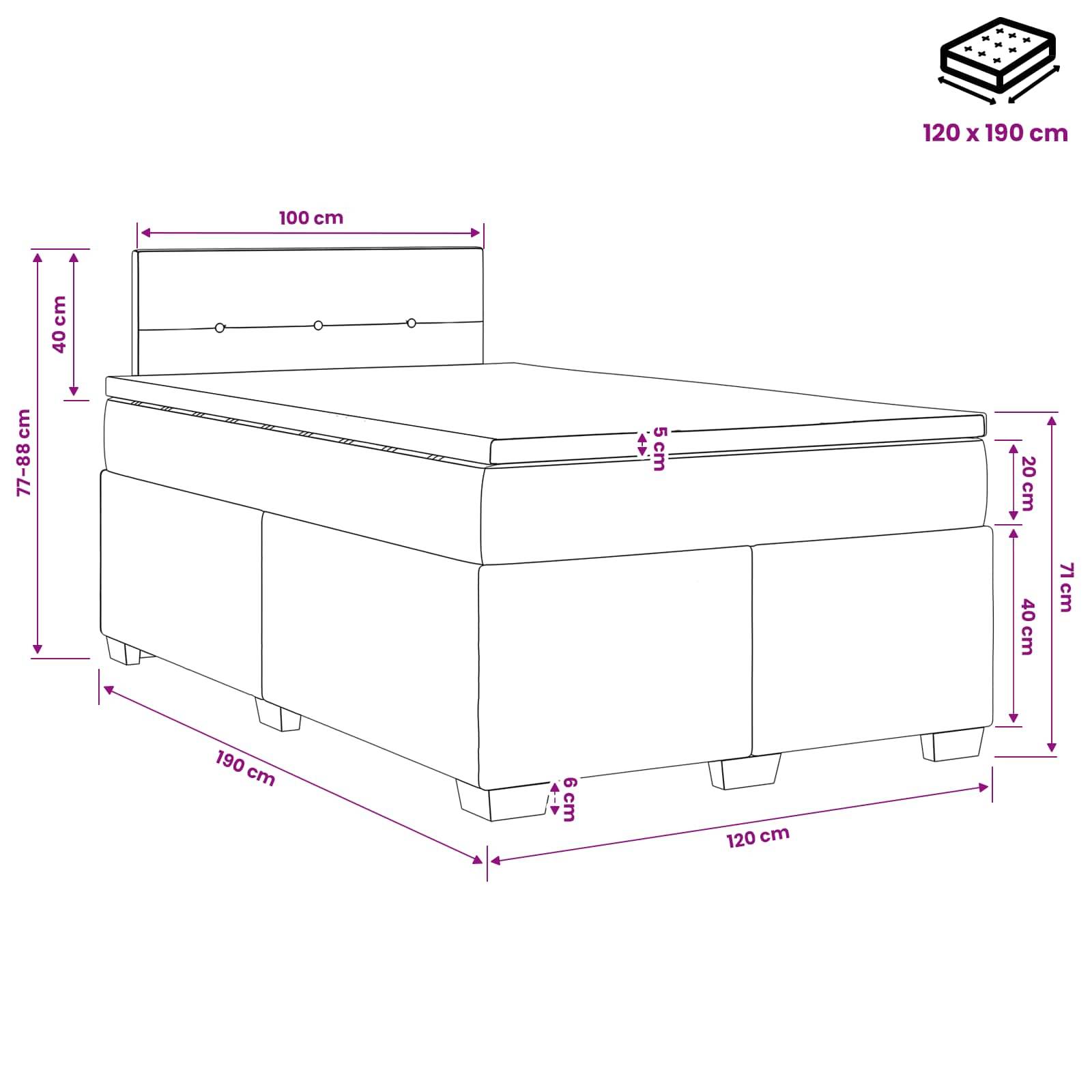 Beschriftetes Dimensionsdiagramm eines Einzelbetts: 190 cm lang, 120 cm breit, 77–88 cm hoch mit 40 cm Kopfteil und 120 x 190 cm Matratze.