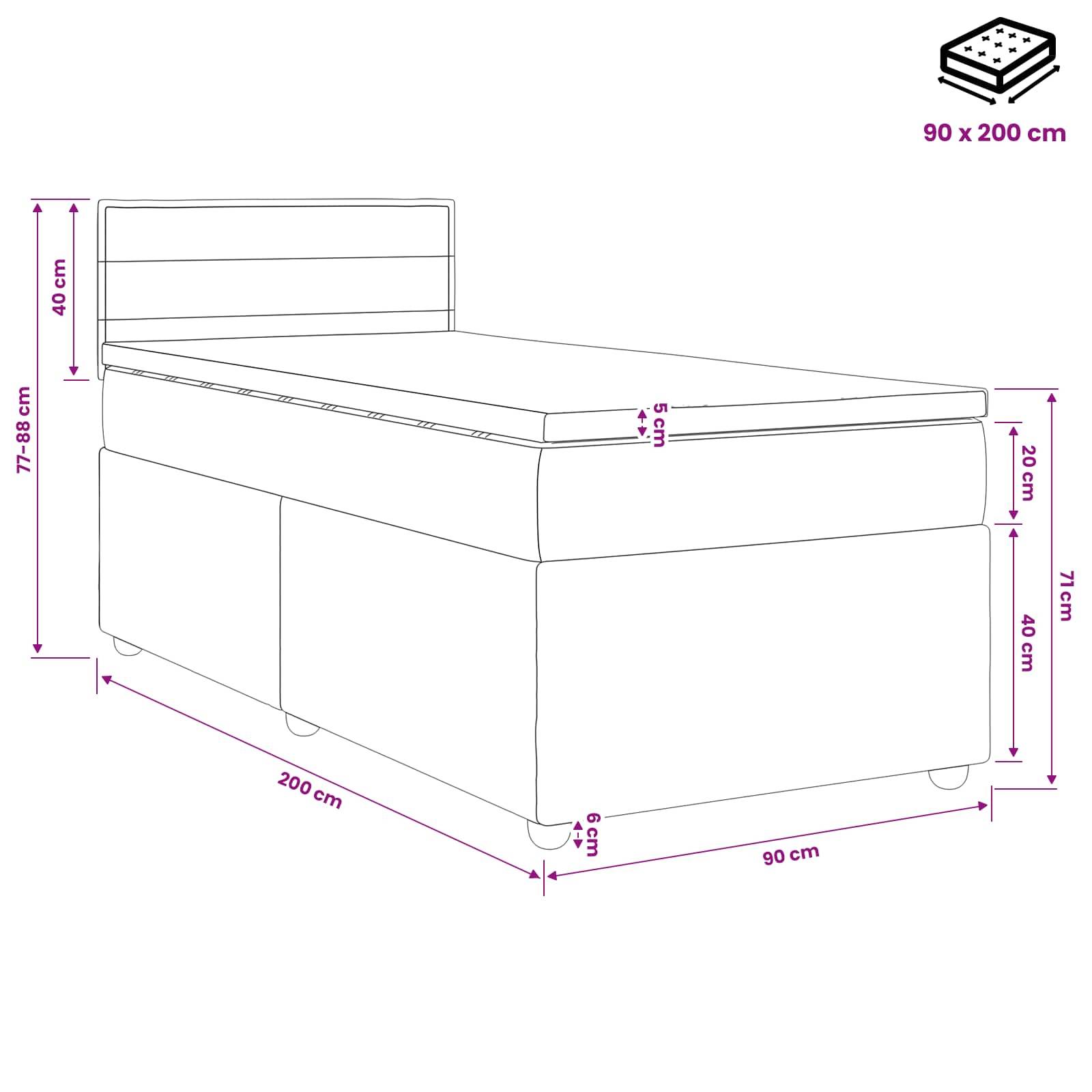 vidaXL Boxspringbett mit Matratze Schwarz 90 x 200 cm Stoff