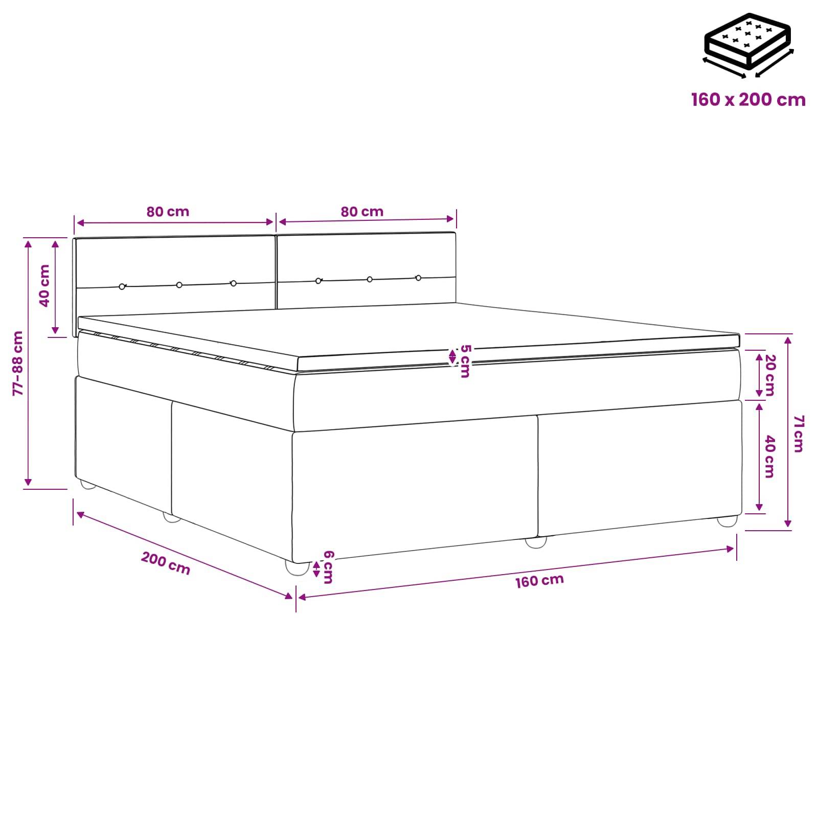 Diagramm eines Bettes mit beschrifteten Abmessungen in Zentimetern: Matratzengröße 160 x 200 cm, 200 cm Länge, 160 cm Breite und Messwerte für Kopfteil/Betthöhe.
