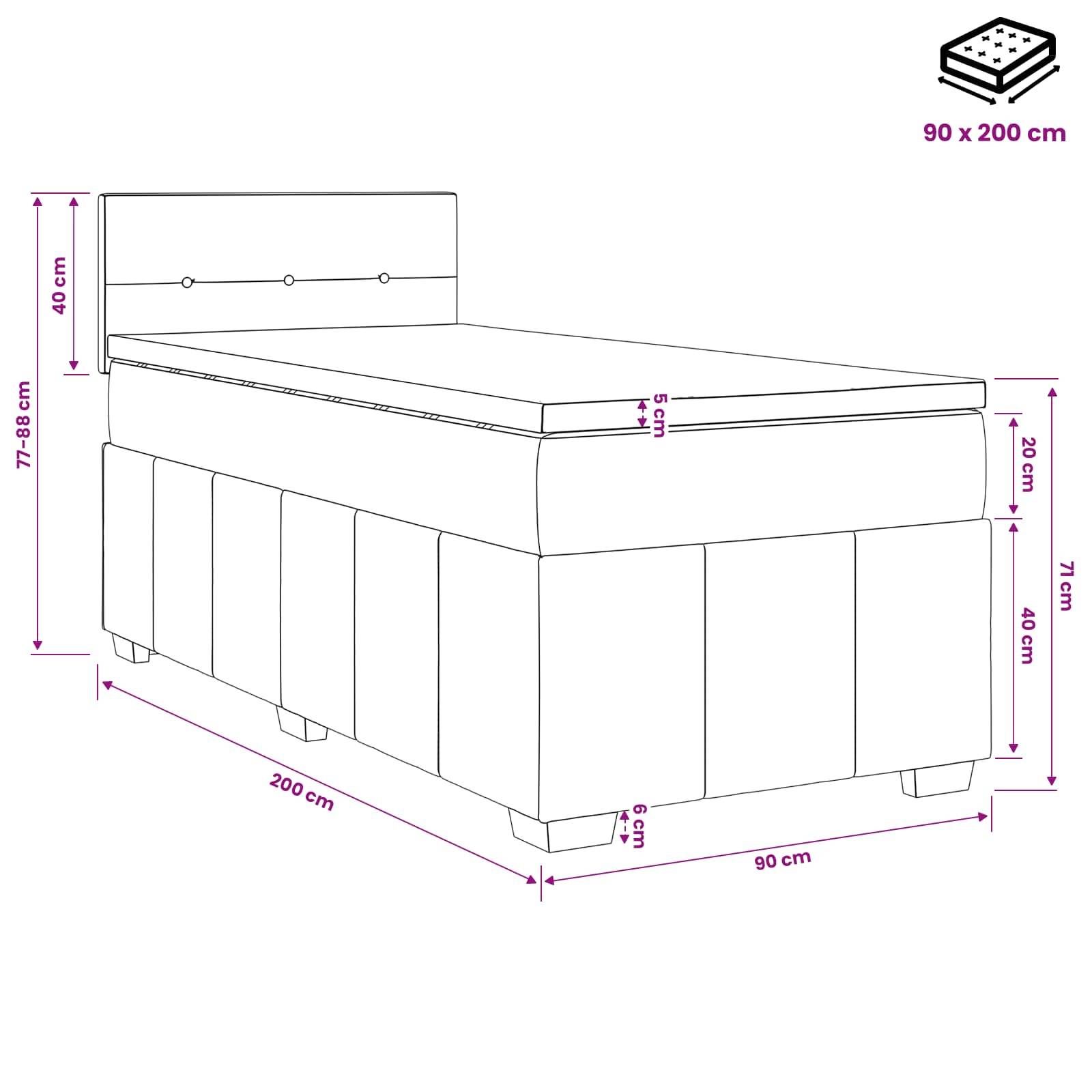 Maßstabgerechte Zeichnung eines gepolsterten Bettes mit Kopfteil, die Matatzengröße 90 x 200 cm zeigt und wichtige Abmessungen: 71 cm Gesamthöhe, 40 cm Kopfteil, 20 cm oberer Bereich, 10 cm Basis, 5 cm Fußhöhe.