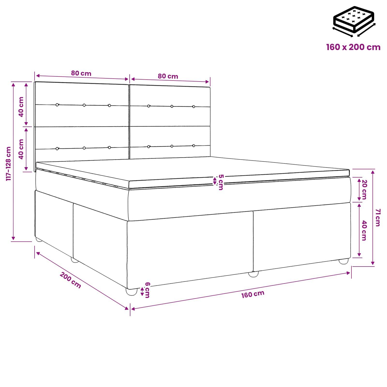Maßstabgetreue Linienzeichnung eines gepolsterten Bettes mit gepolstertem Kopfteil, die eine Matratzengrößevon 160 x 200 cm zeigt und beschriftete Maßangaben in Zentimetern aufweist.